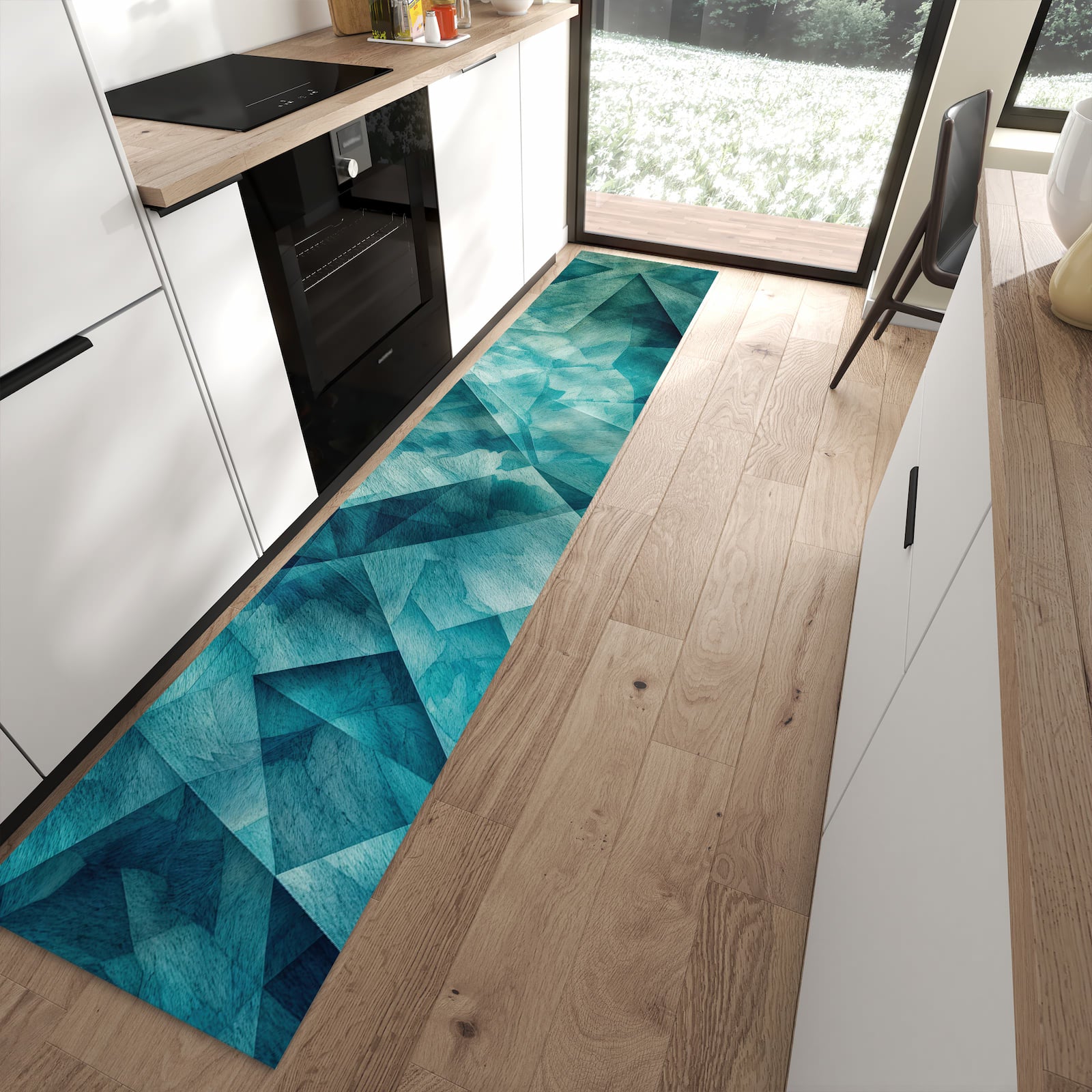 Rutschfester Küchenläufer mit Motiv Abstrakte Geometrie in moderner Küche