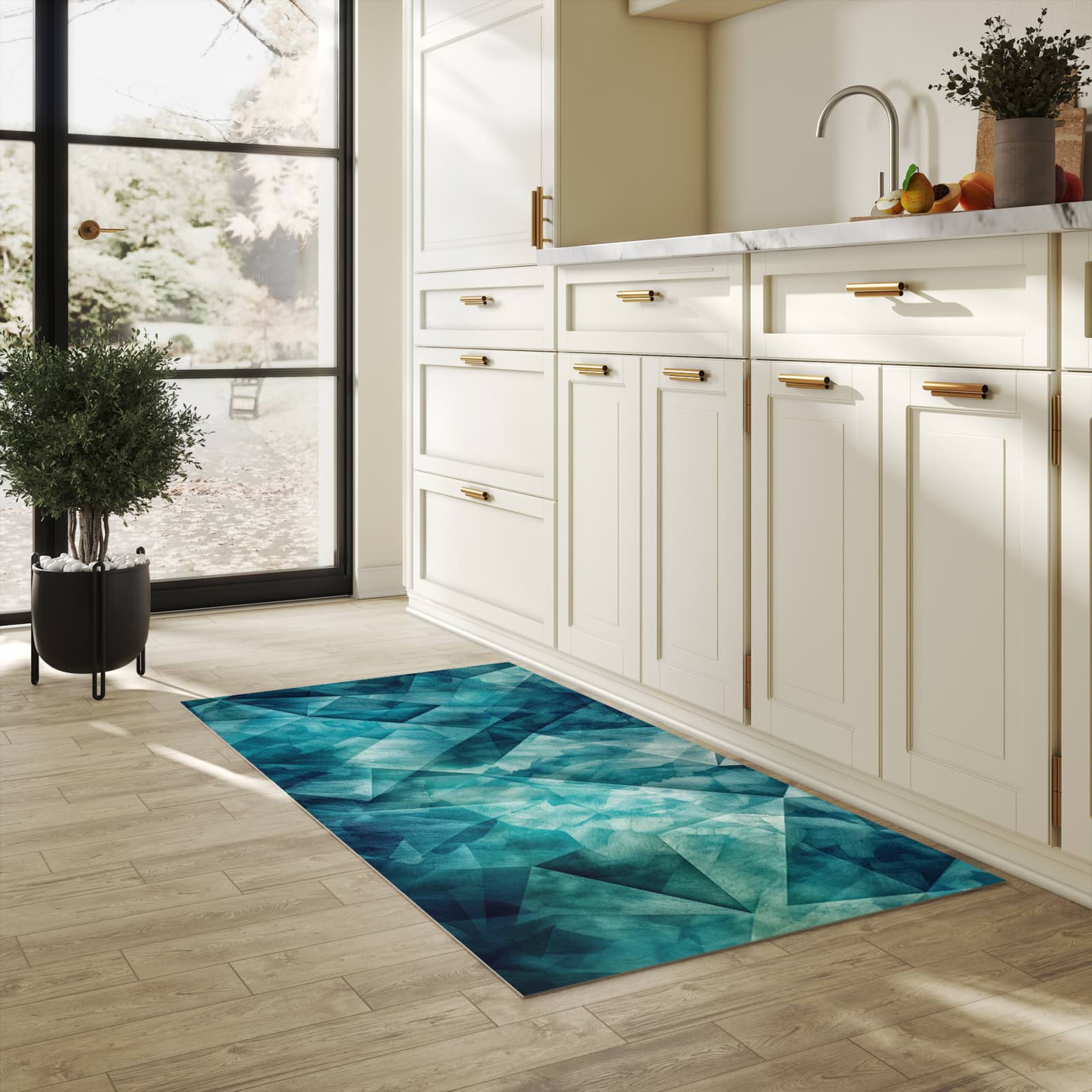 Rutschfester Küchenteppich mit Motiv Abstrakte Geometrie in heller Küche