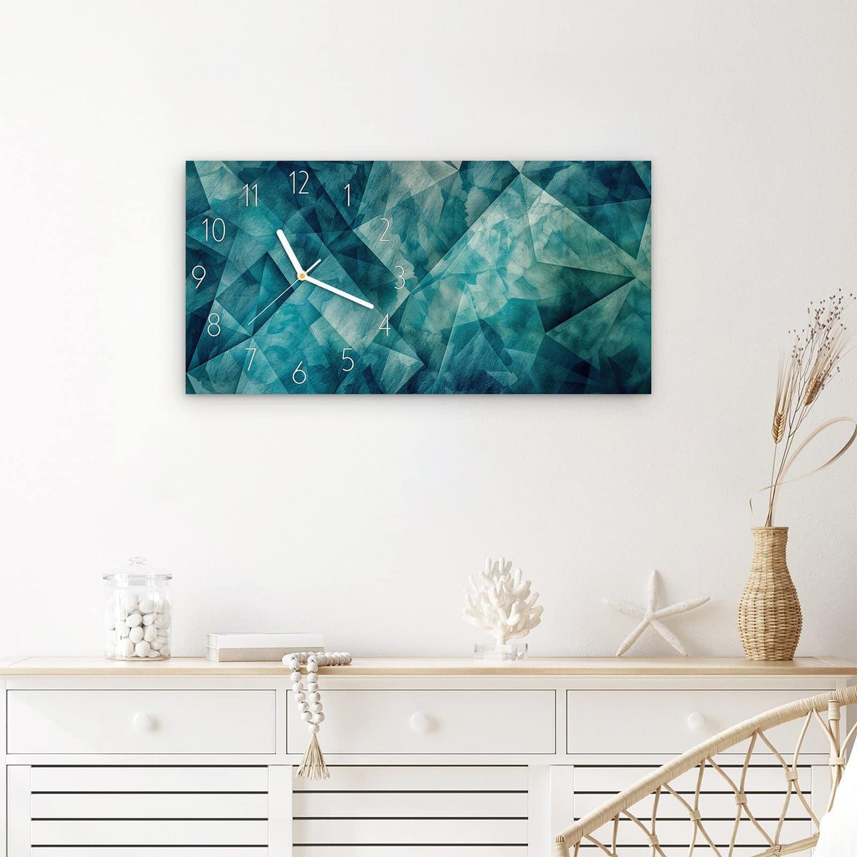 Wanduhr Abstrakte Geometrie aus Glas – Querformat 60 × 30 cm – Überlappende Formen in Türkis