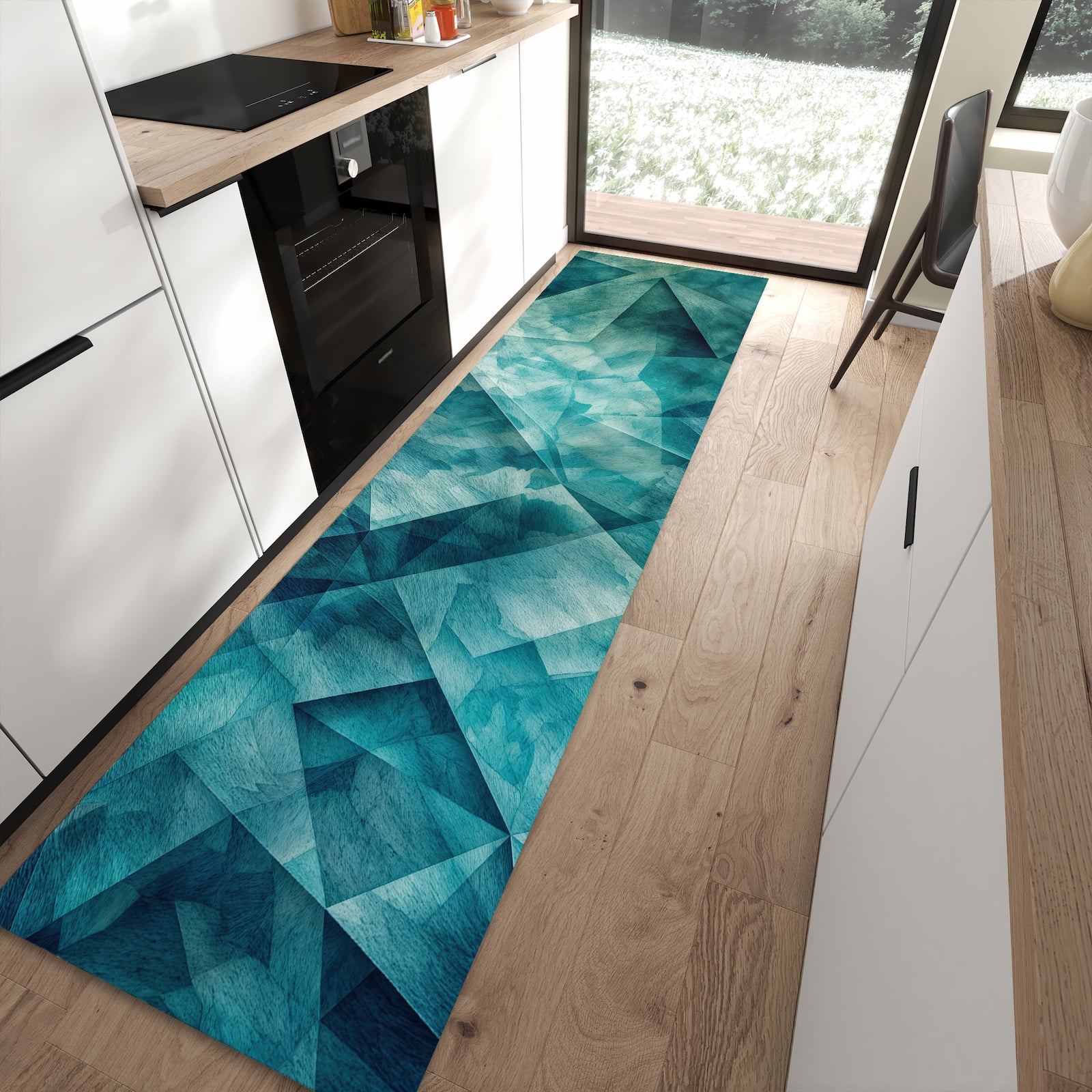 Waschbarer Küchenteppich mit Motiv Abstrakte Geometrie in moderner Küche