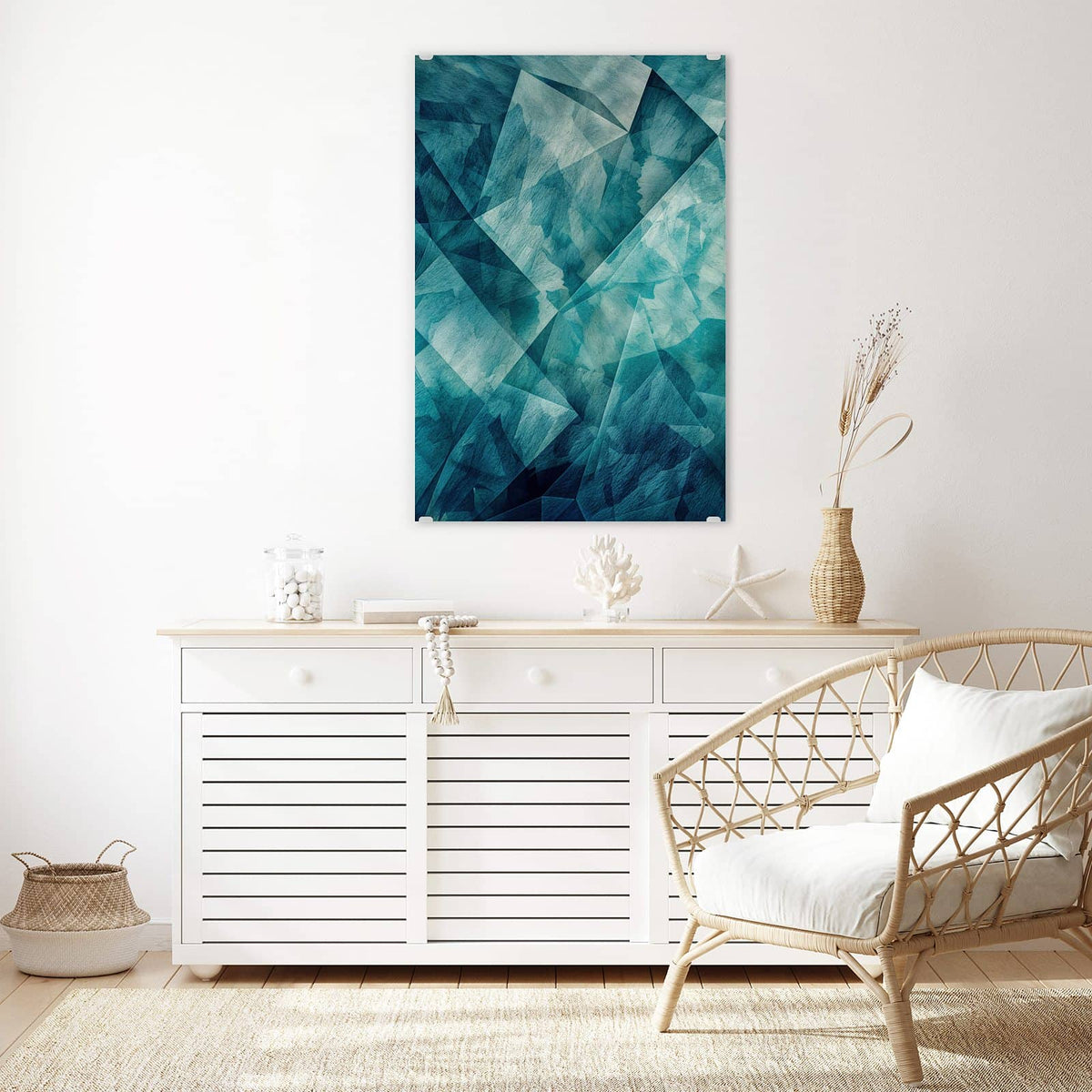 Glasbild Abstrakte Geometrie an der Wand – Übereinandergelegte Dreiecke und Facetten in Türkis und Blaugrau