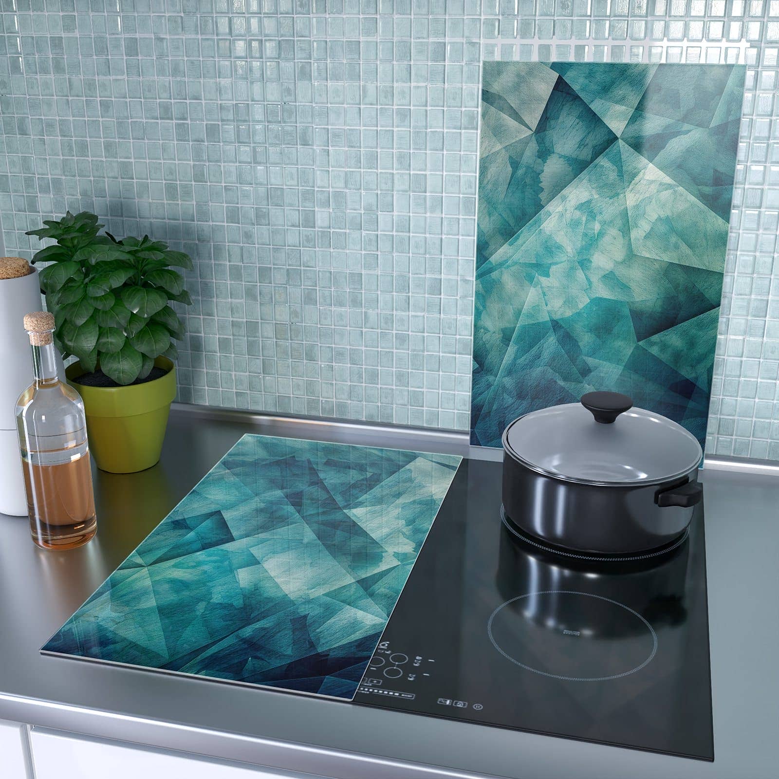 2-teilige Glasplatte für Herd mit Abstrakte Geometrie-Motiv als Spritzschutz hinter dem Kochfeld