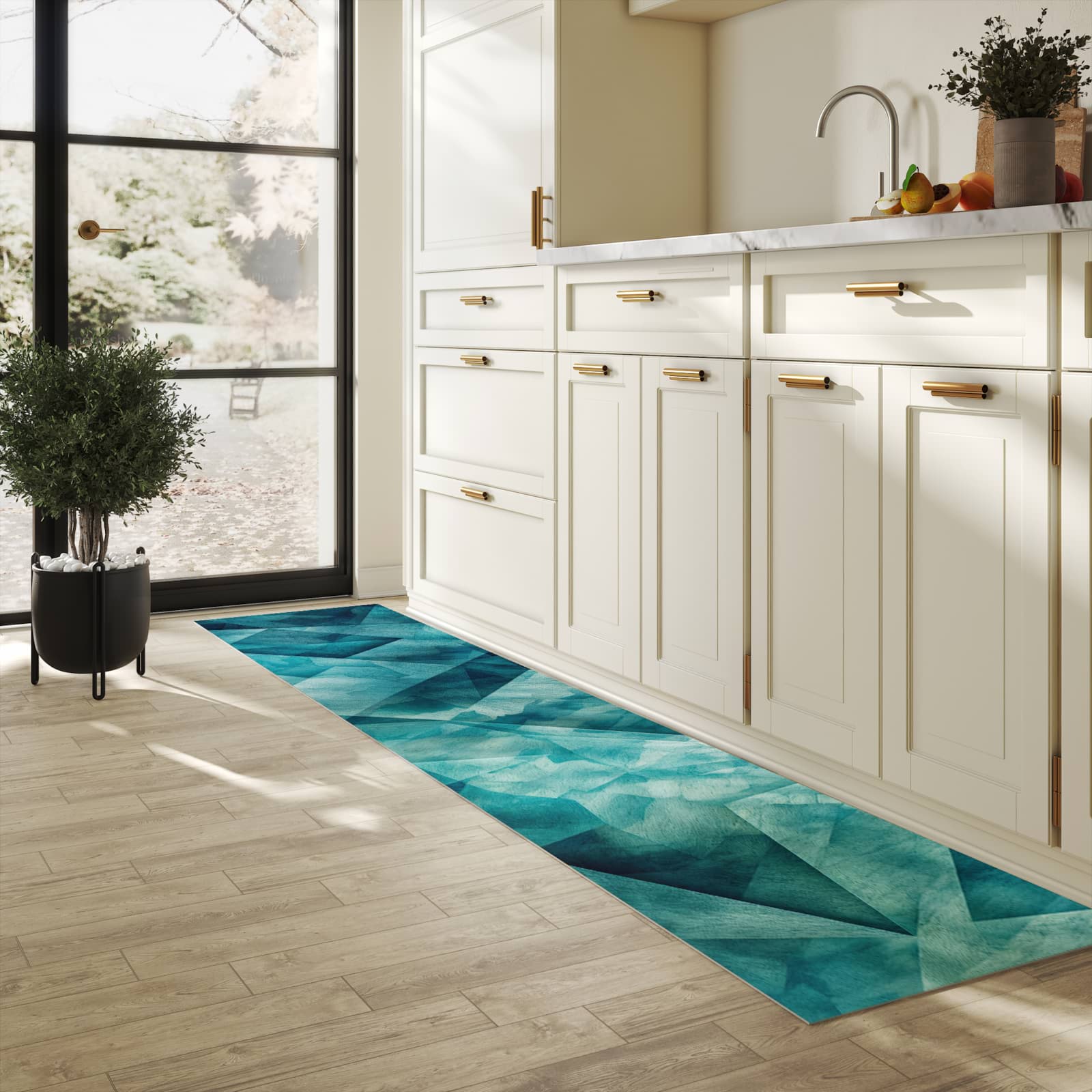 Pflegeleichter rutschfester Küchenteppich mit Motiv Abstrakte Geometrie in heller Küche