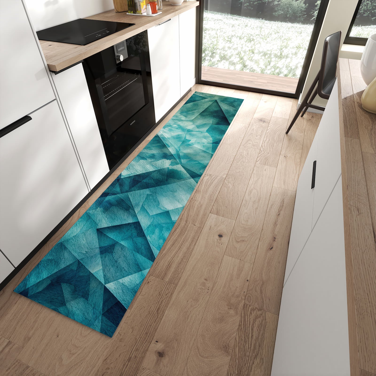 Komfortabler Küchenteppich mit Motiv Abstrakte Geometrie in moderner Küche