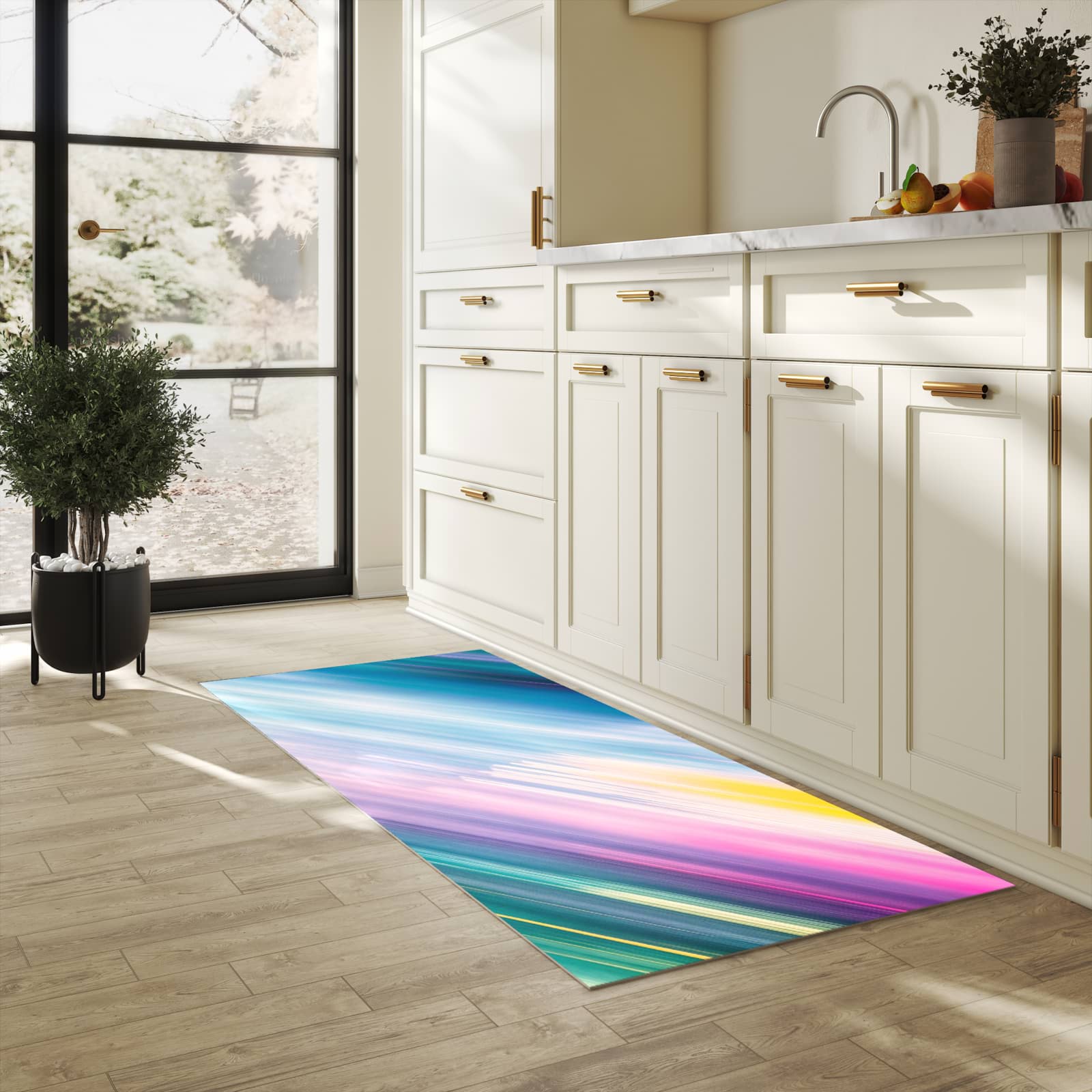 UV-beständiger Teppichläufer mit Motiv Farbiges Streifenmuster in heller Küche