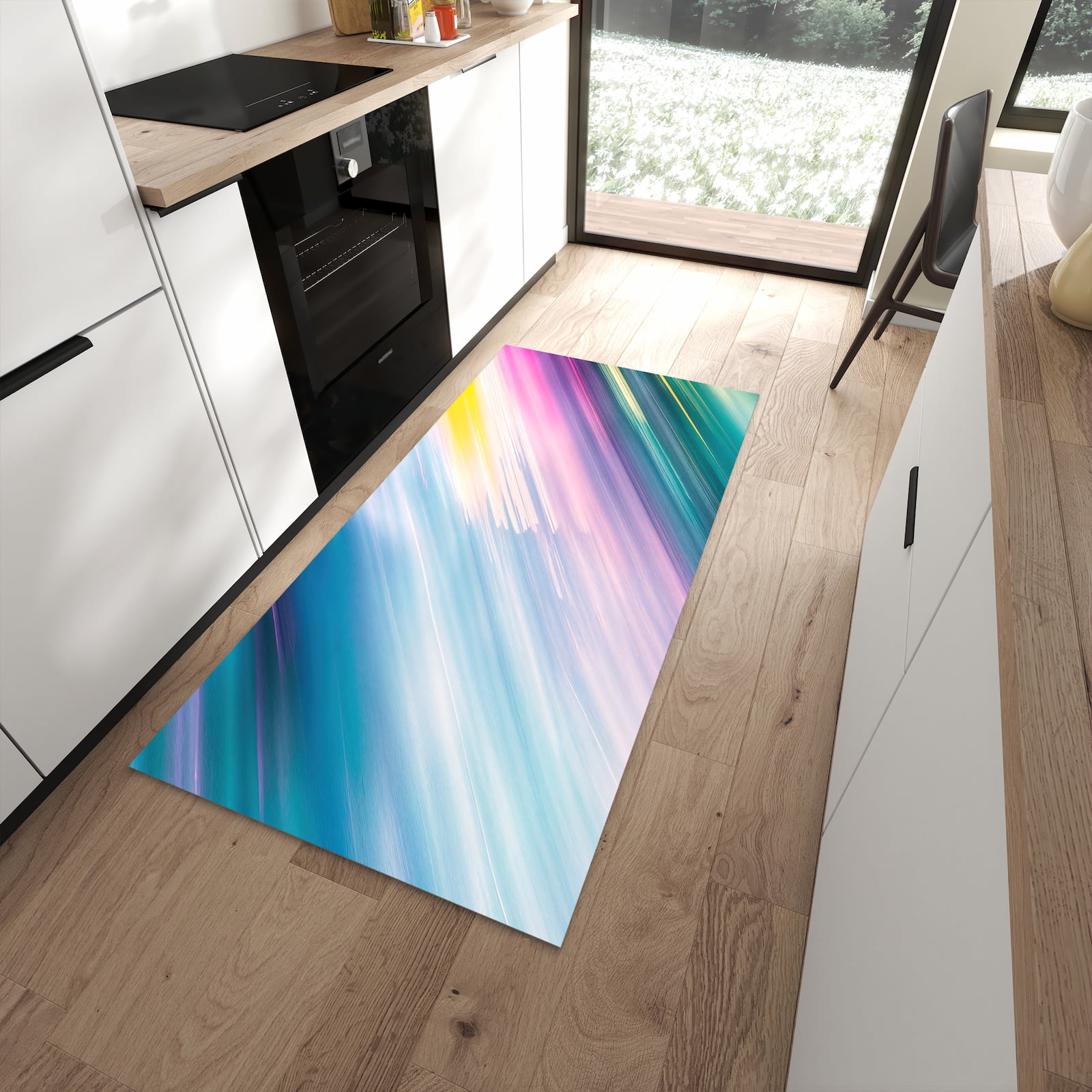Fleckenresistenter Küchenteppich mit Motiv Farbiges Streifenmuster in moderner Küche