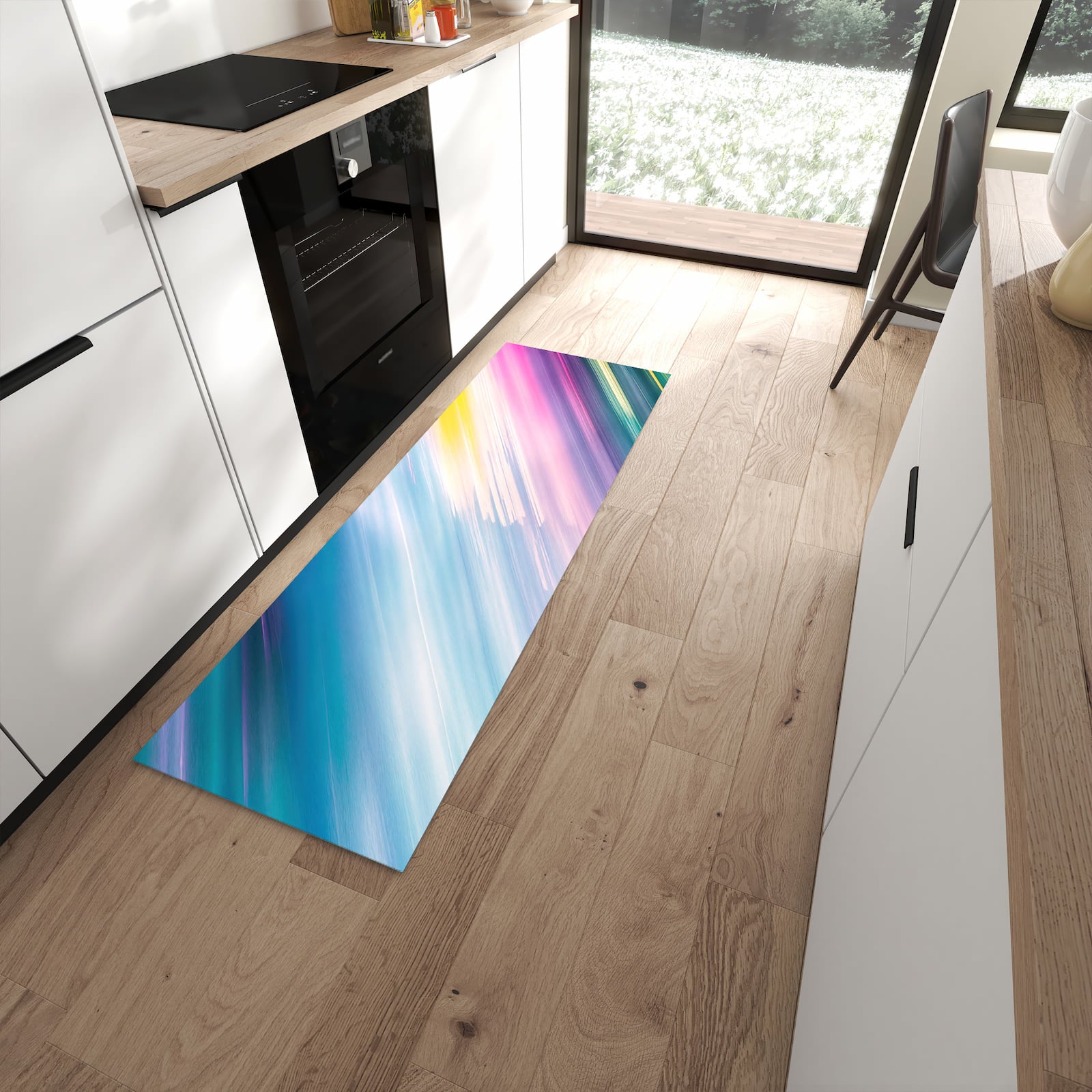 Farbbeständiger waschbarer Küchenläufer mit Motiv Farbiges Streifenmuster in moderner Küche