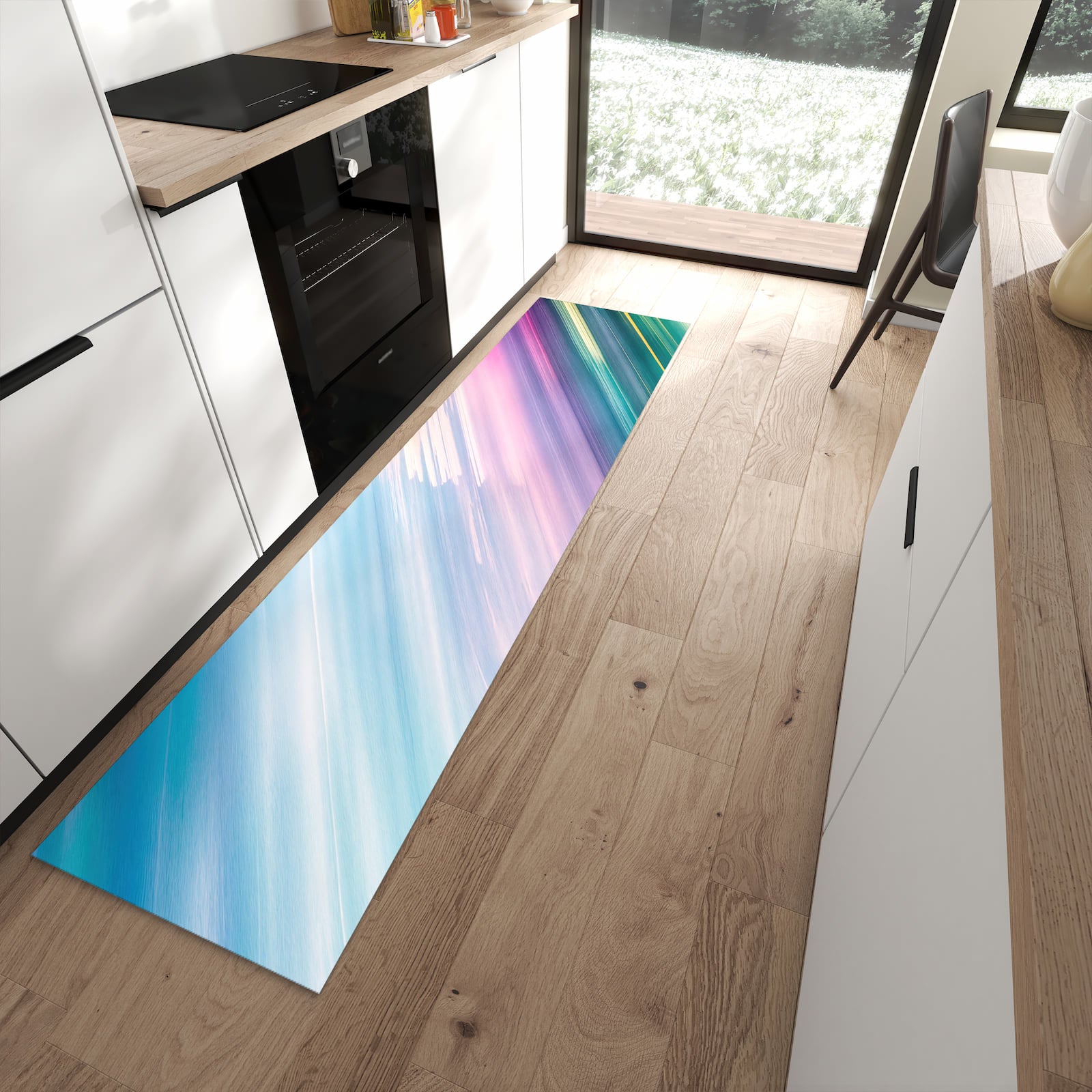 Formstabiler rutschfester Küchenläufer mit Motiv Farbiges Streifenmuster in moderner Küche