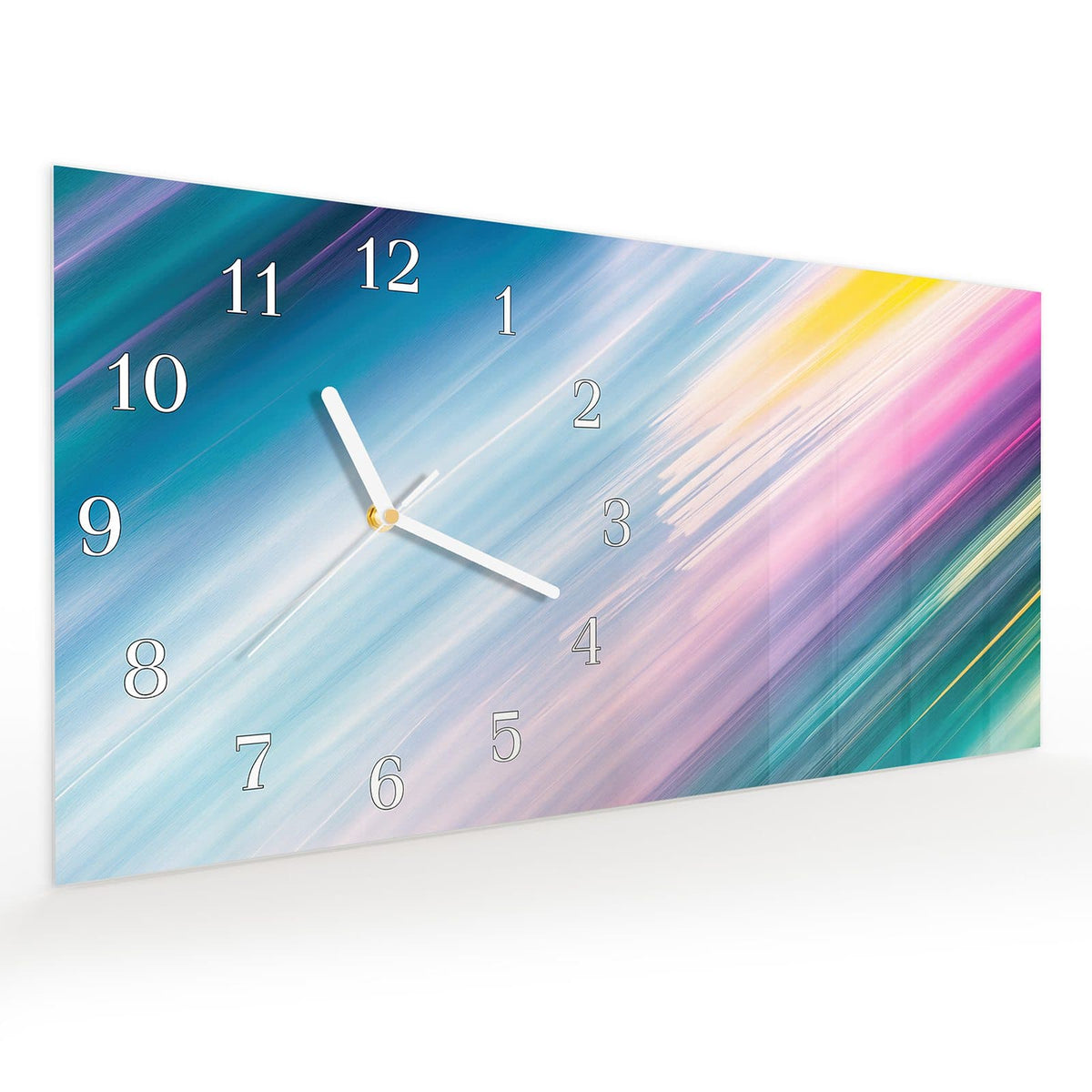 Vormontiert – mit Schwebeeffekt – Wanduhr Farbiges Streifenmuster aus Glas – Querformat 60 × 30 cm
