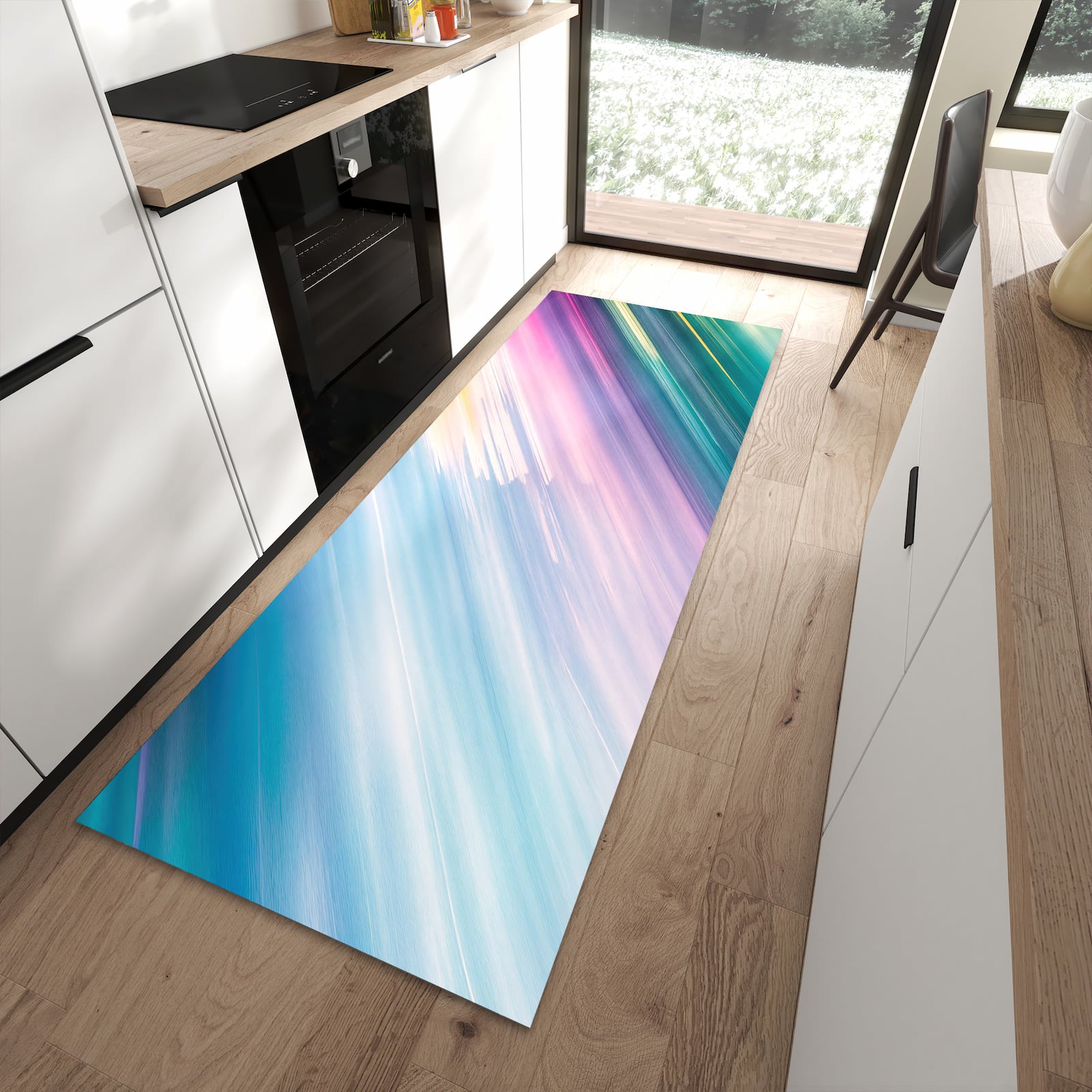 Schmutzabweisender Küchenteppich mit Motiv Farbiges Streifenmuster in moderner Küche