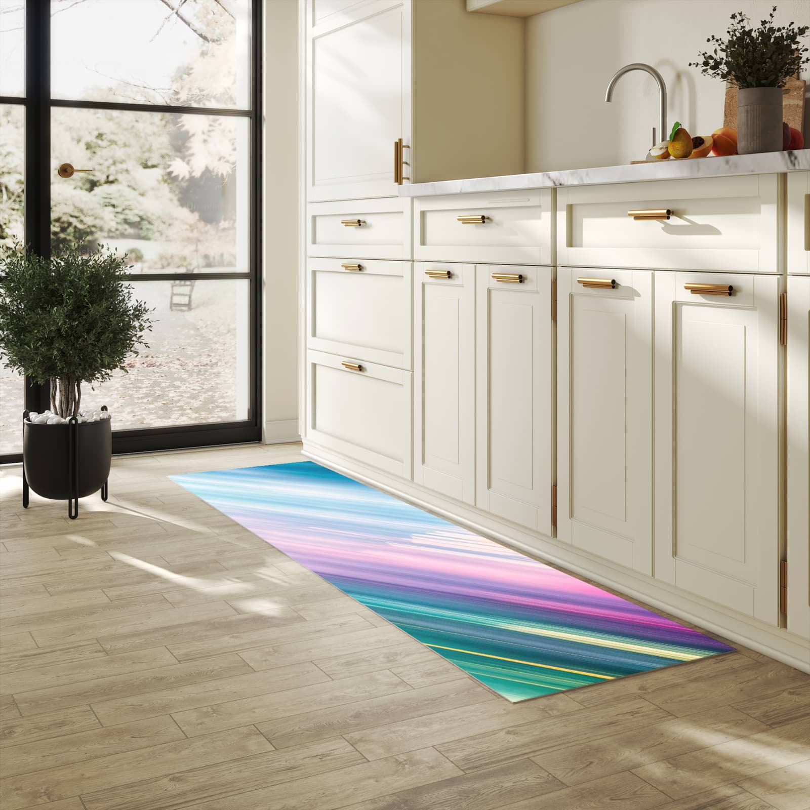 Küchenvorleger mit Motiv Farbiges Streifenmuster in heller Küche für sichere Aufbewahrung