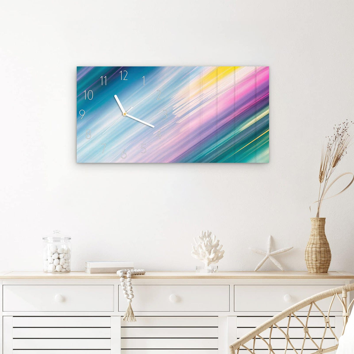 Wanduhr Farbiges Streifenmuster aus Glas – Querformat 60 × 30 cm – Diagonale Streifen im Farbverlauf