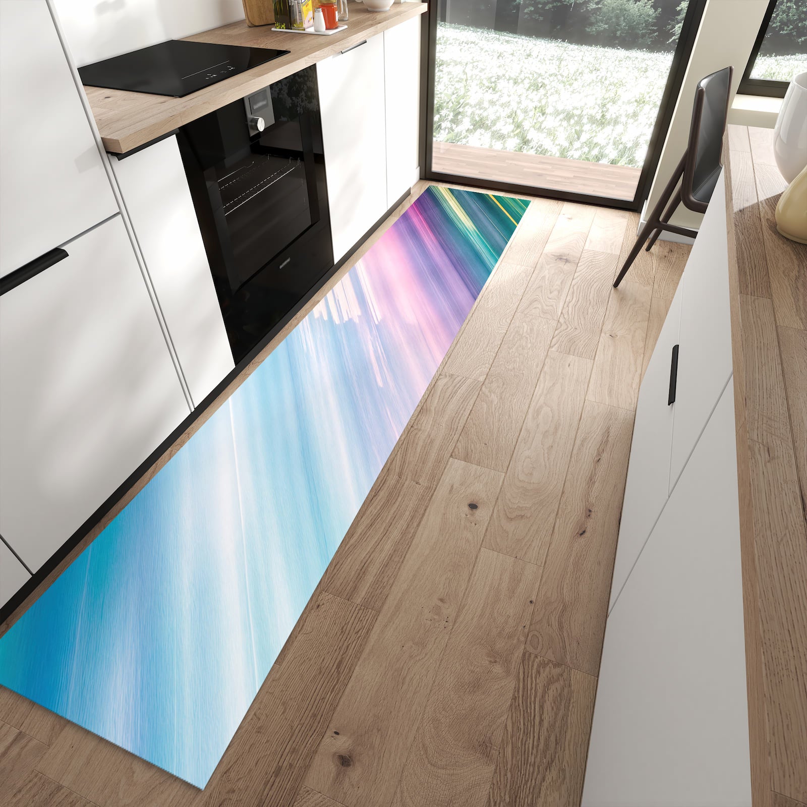 Zeitsparender Küchenläufer nach Maß mit Motiv Farbiges Streifenmuster in moderner Küche