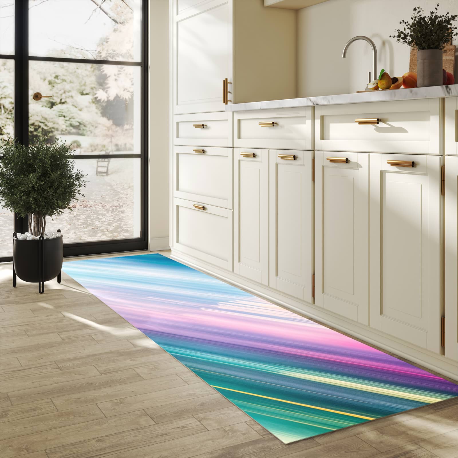 Fleckenresistenter langer Teppich mit Motiv Farbiges Streifenmuster in heller Küche