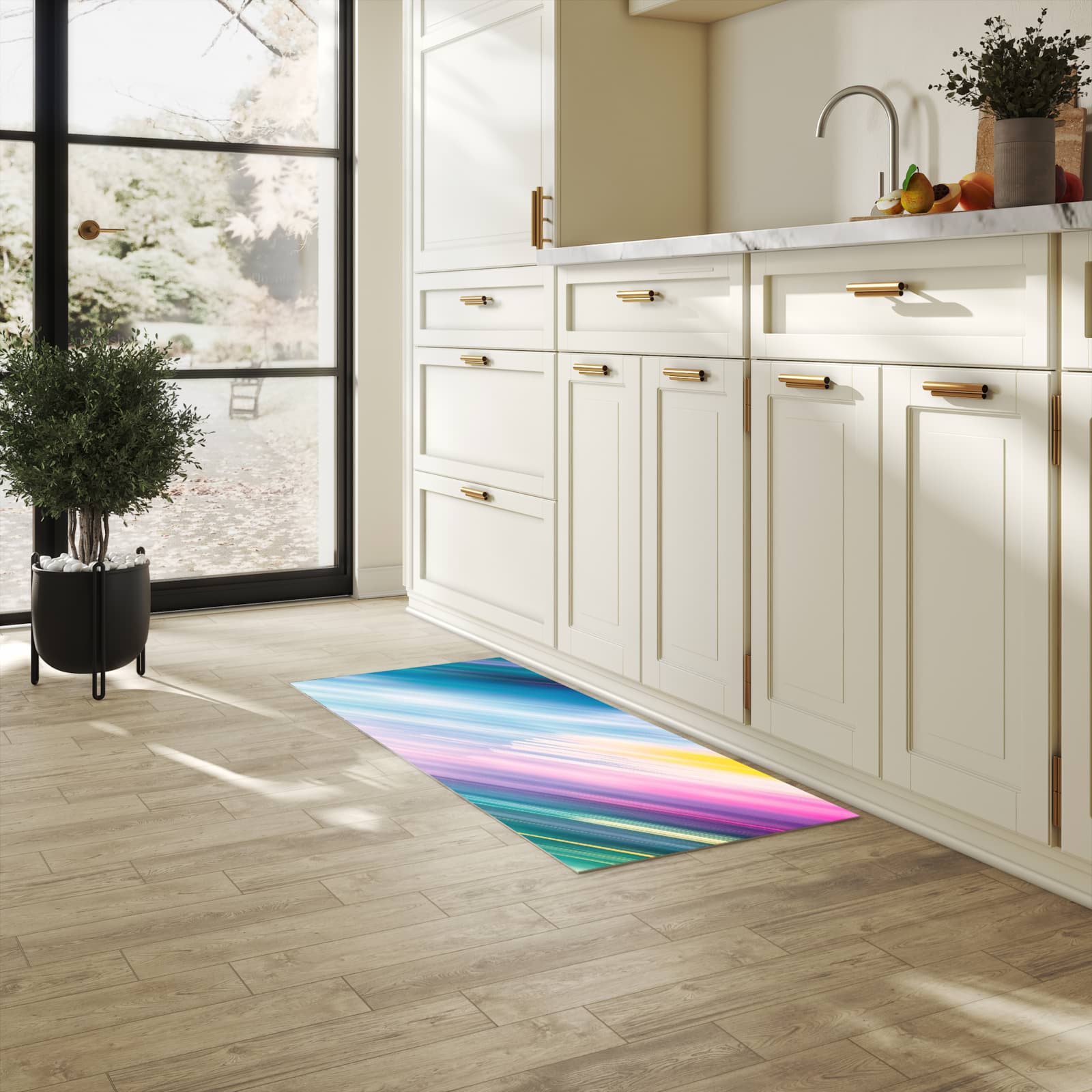 Farbbeständiger Küchenläufer mit Motiv Farbiges Streifenmuster in heller Küche