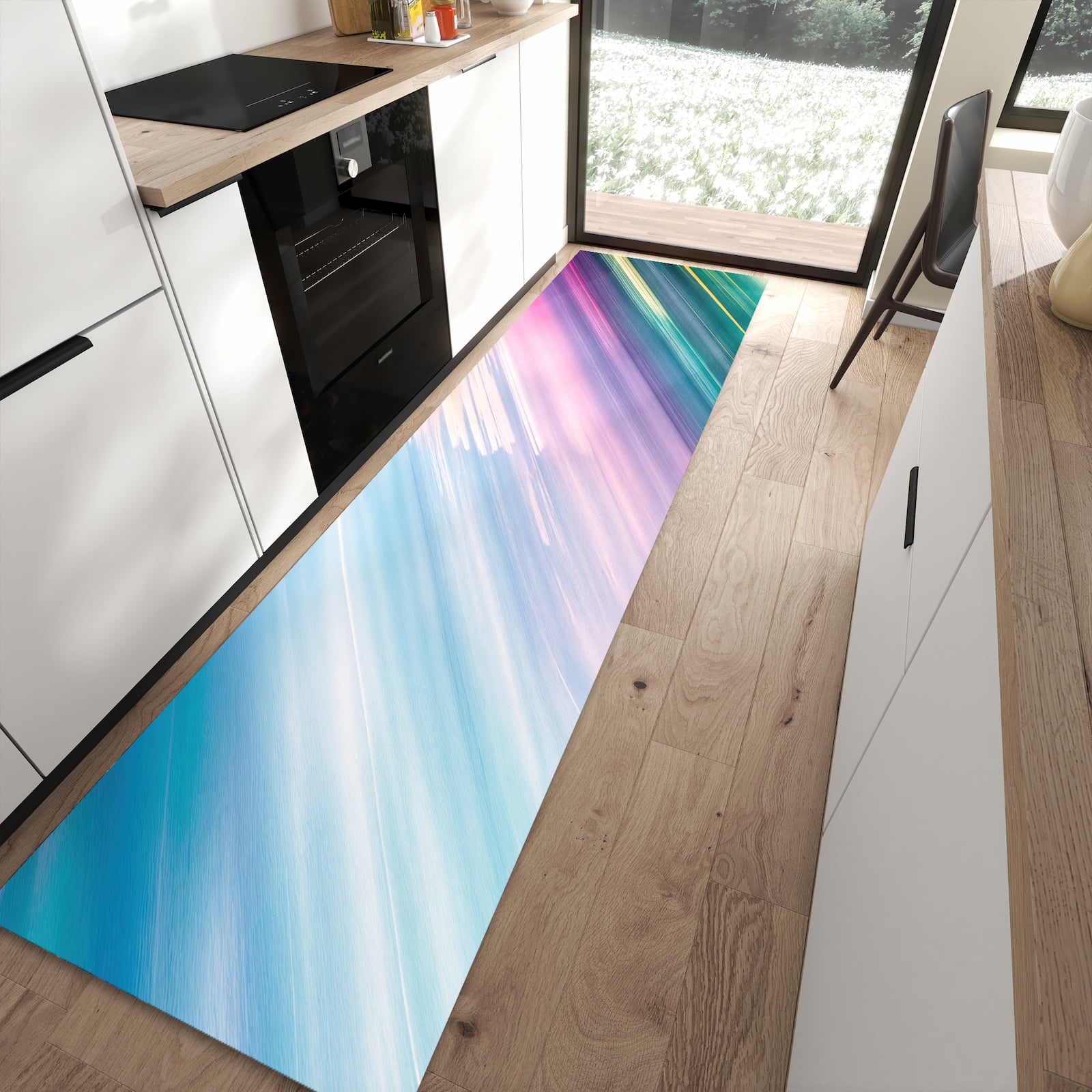 Wasserabweisender Küchenteppich mit Motiv Farbiges Streifenmuster in moderner Küche