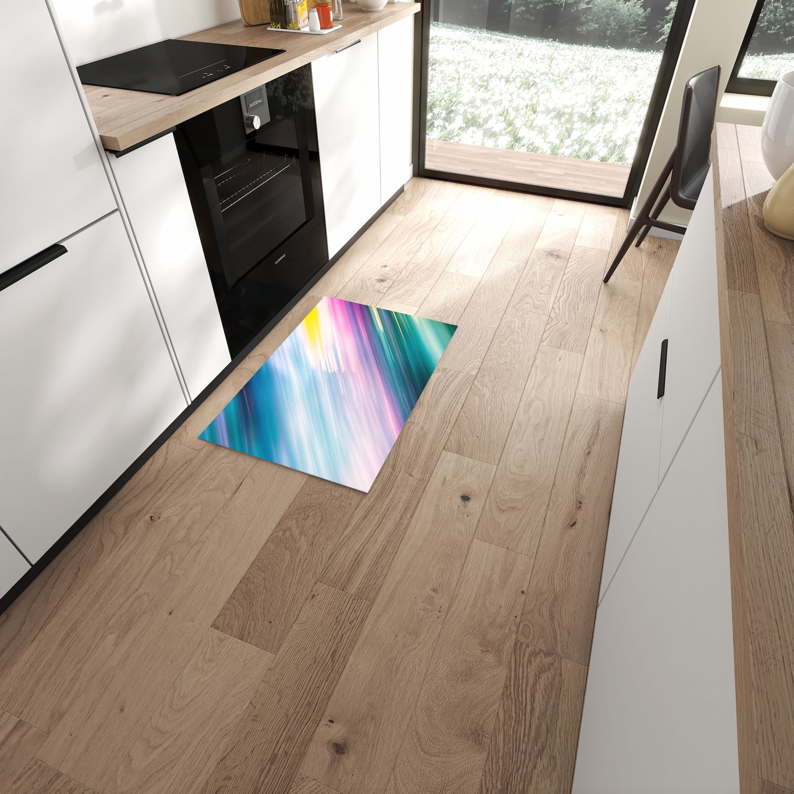 Geräuschdämpfender waschbarer Küchenläufer mit Motiv Farbiges Streifenmuster in moderner Küche