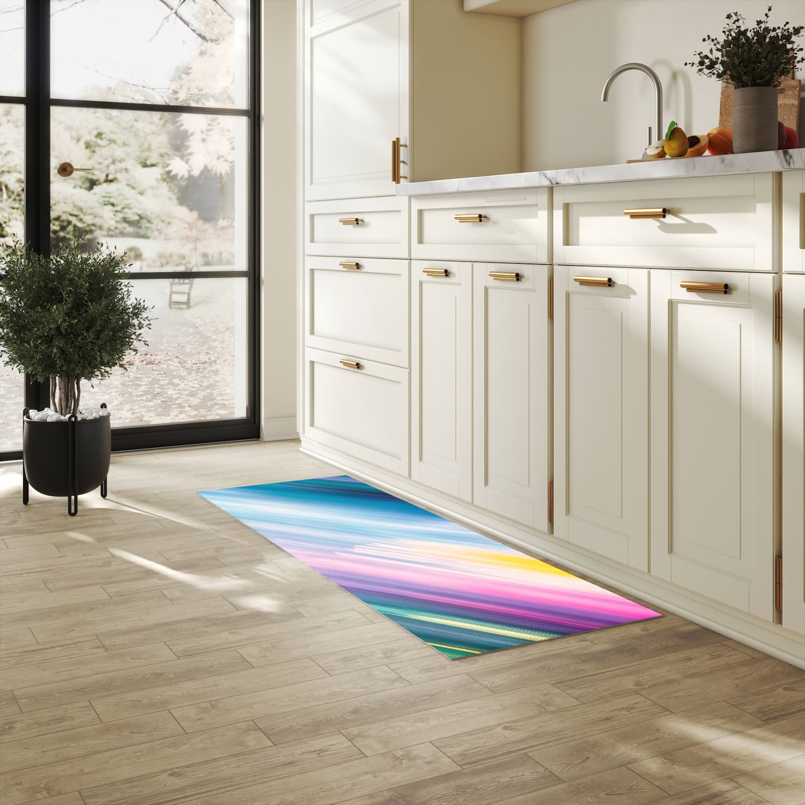 Formstabiler Küchenläufer mit Motiv Farbiges Streifenmuster in heller Küche