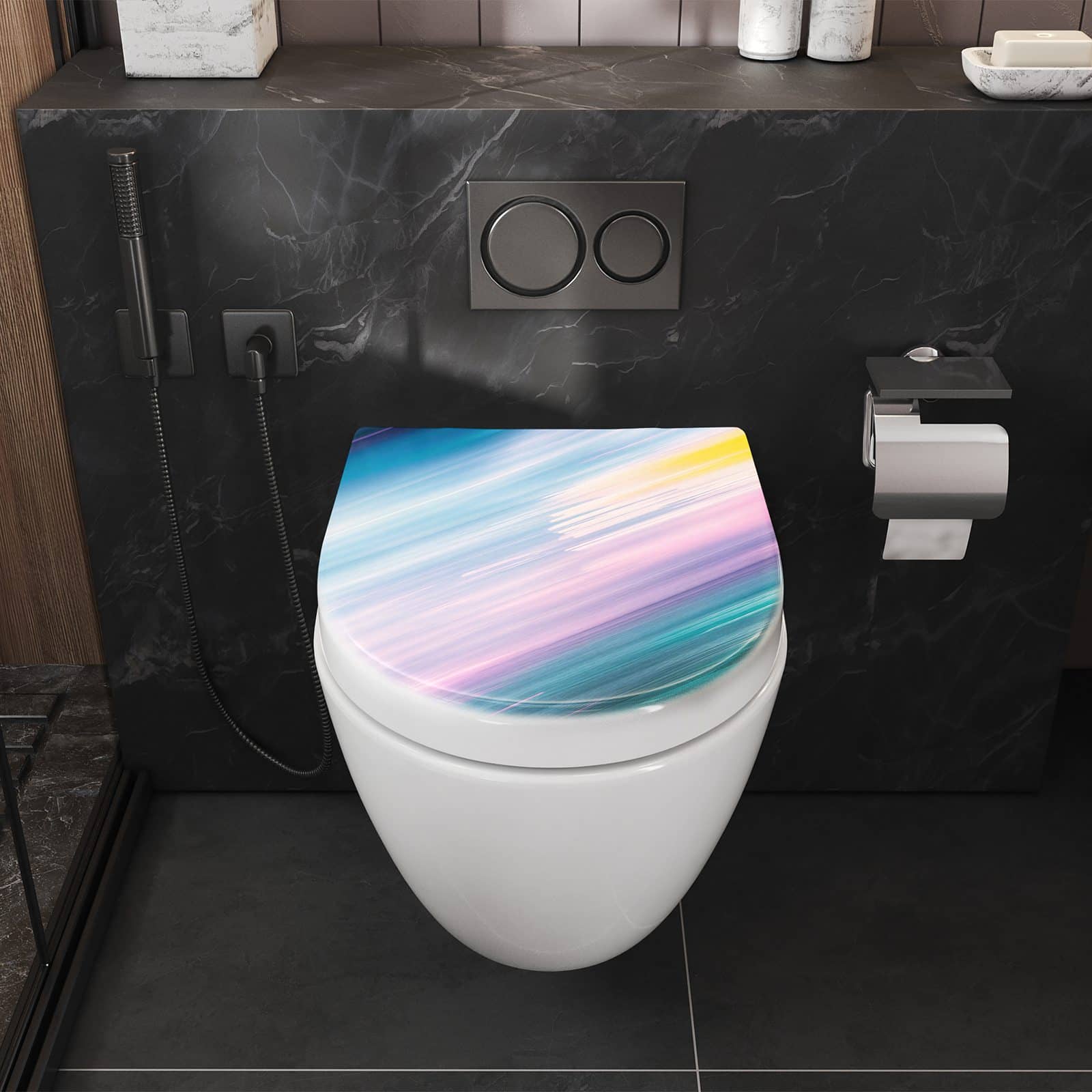 WC-Sitz mit Absenkautomatik Farbiges Streifenmuster