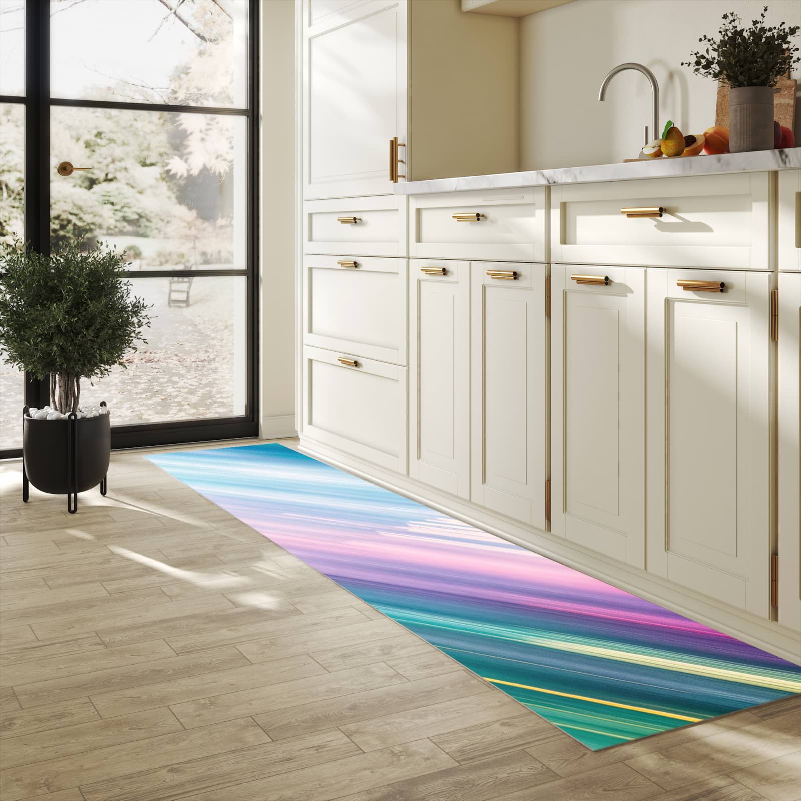 Geräuschdämpfender Küchenläufer mit Motiv Farbiges Streifenmuster in heller Küche