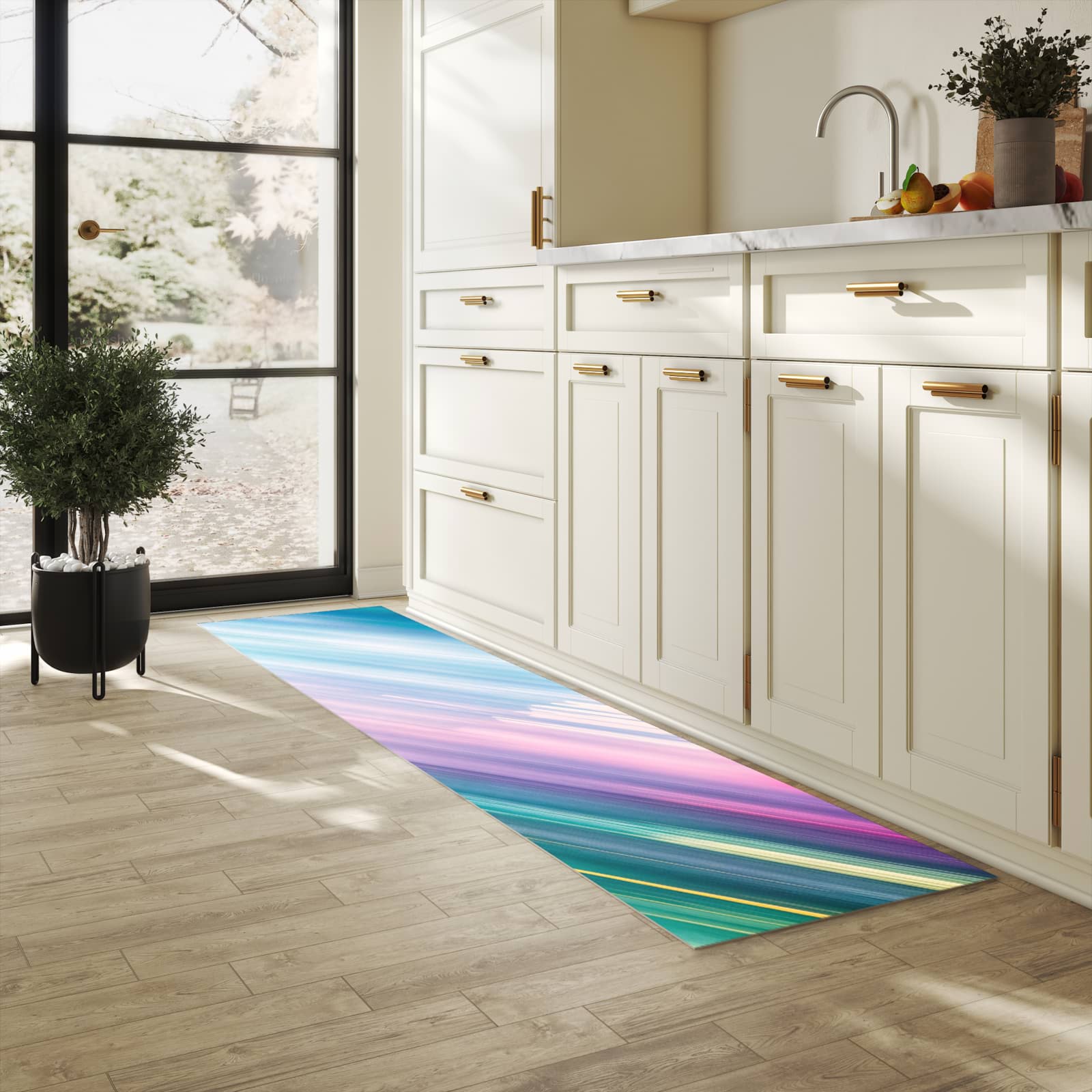 Zeitsparender waschbarer Küchenteppich mit Motiv Farbiges Streifenmuster in heller Küche