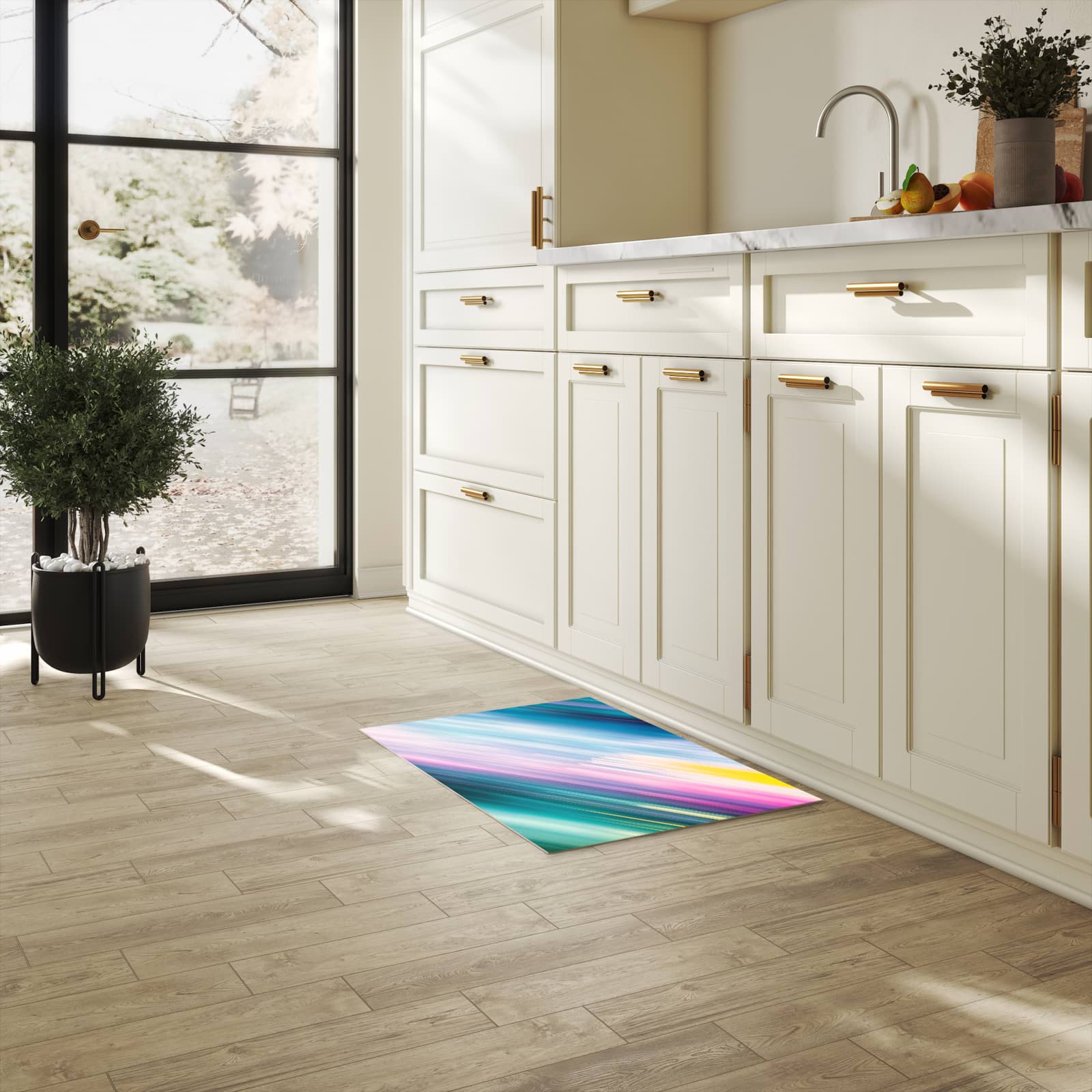 Abriebfester Küchenläufer mit Motiv Farbiges Streifenmuster in heller Küche