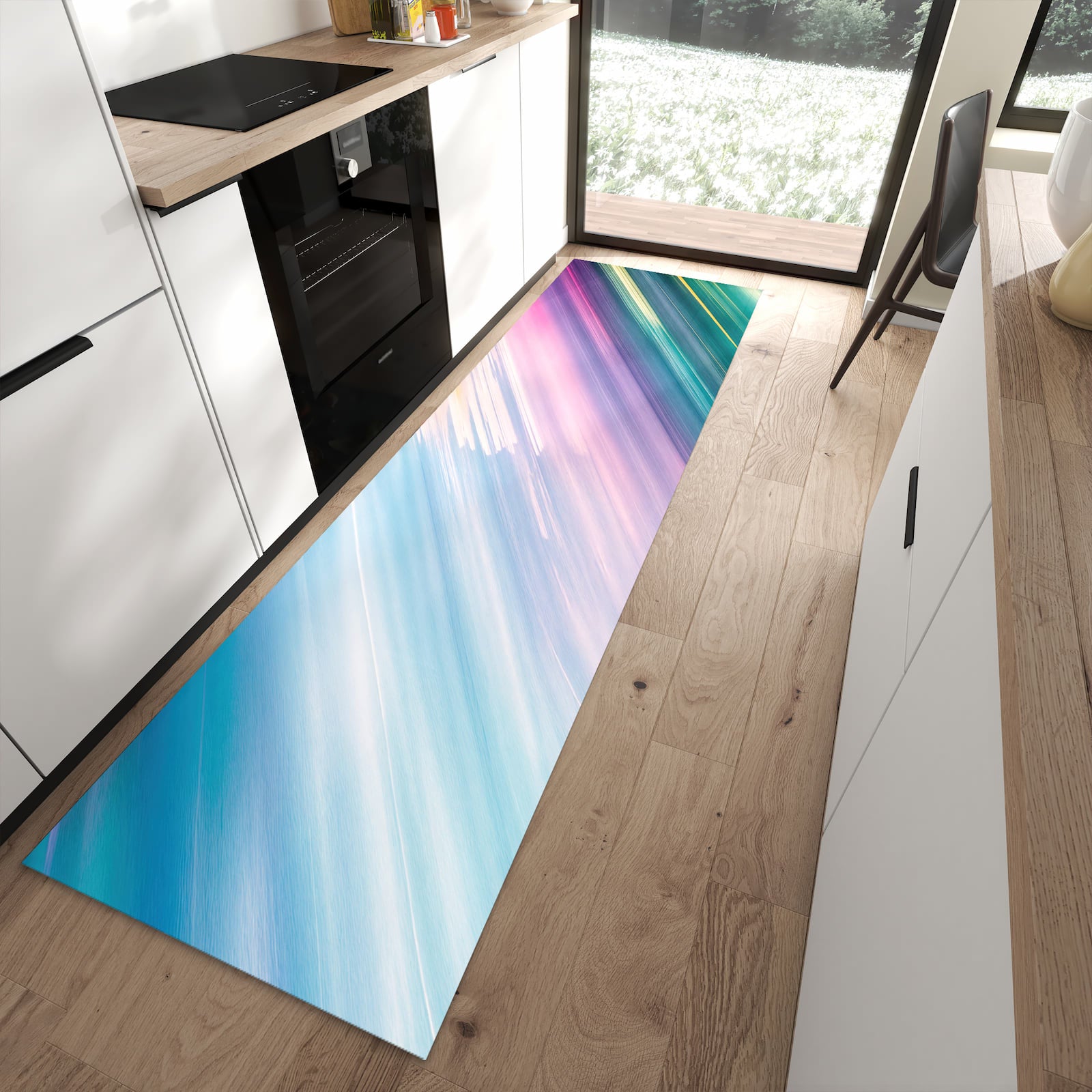 Komfortabler Küchenteppich mit Motiv Farbiges Streifenmuster in moderner Küche - abwaschbar