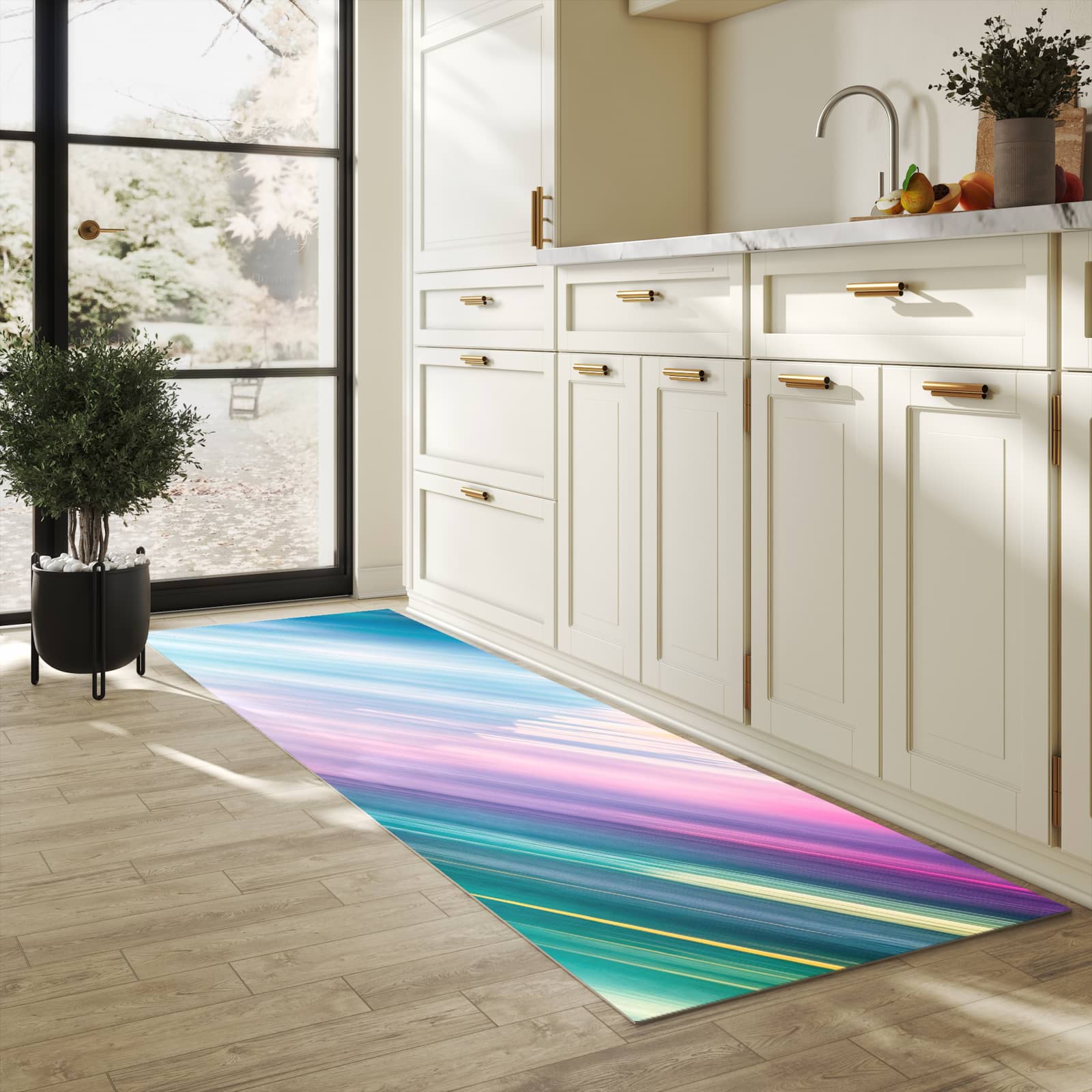 Wasserabweisender Küchenläufer mit Motiv Farbiges Streifenmuster in heller Küche