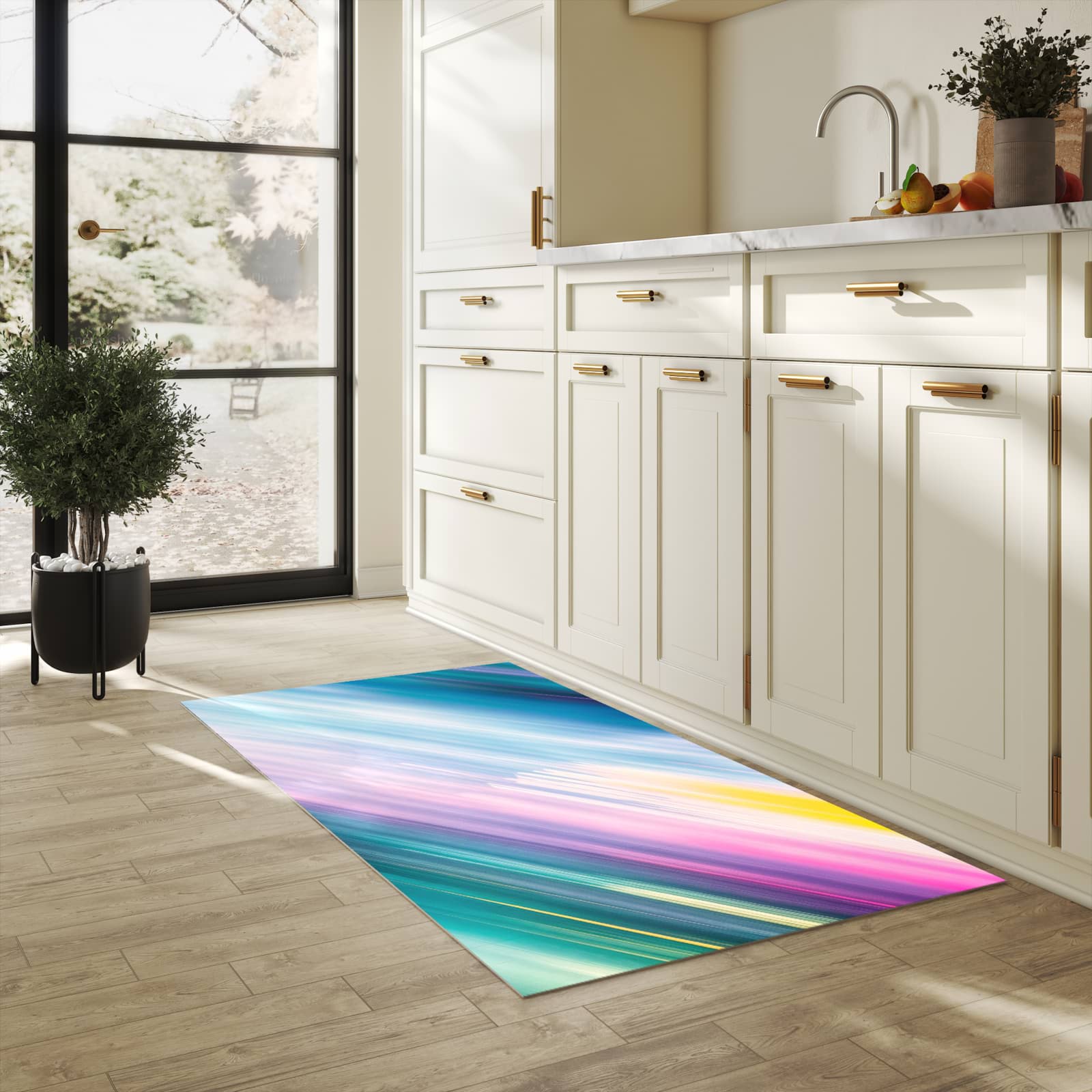 Schmutzabweisender Läufer mit Motiv Farbiges Streifenmuster für Eingangsbereich in heller Küche