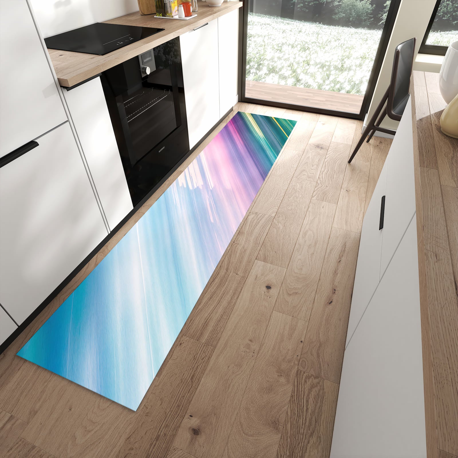 Sicherer Küchenläufer mit Motiv Farbiges Streifenmuster in moderner Küche