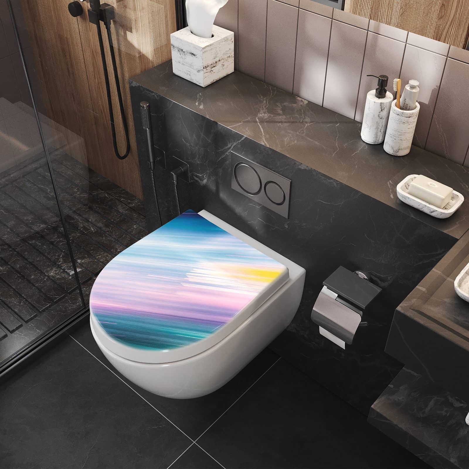 WC-Sitz mit Absenkautomatik Farbiges Streifenmuster