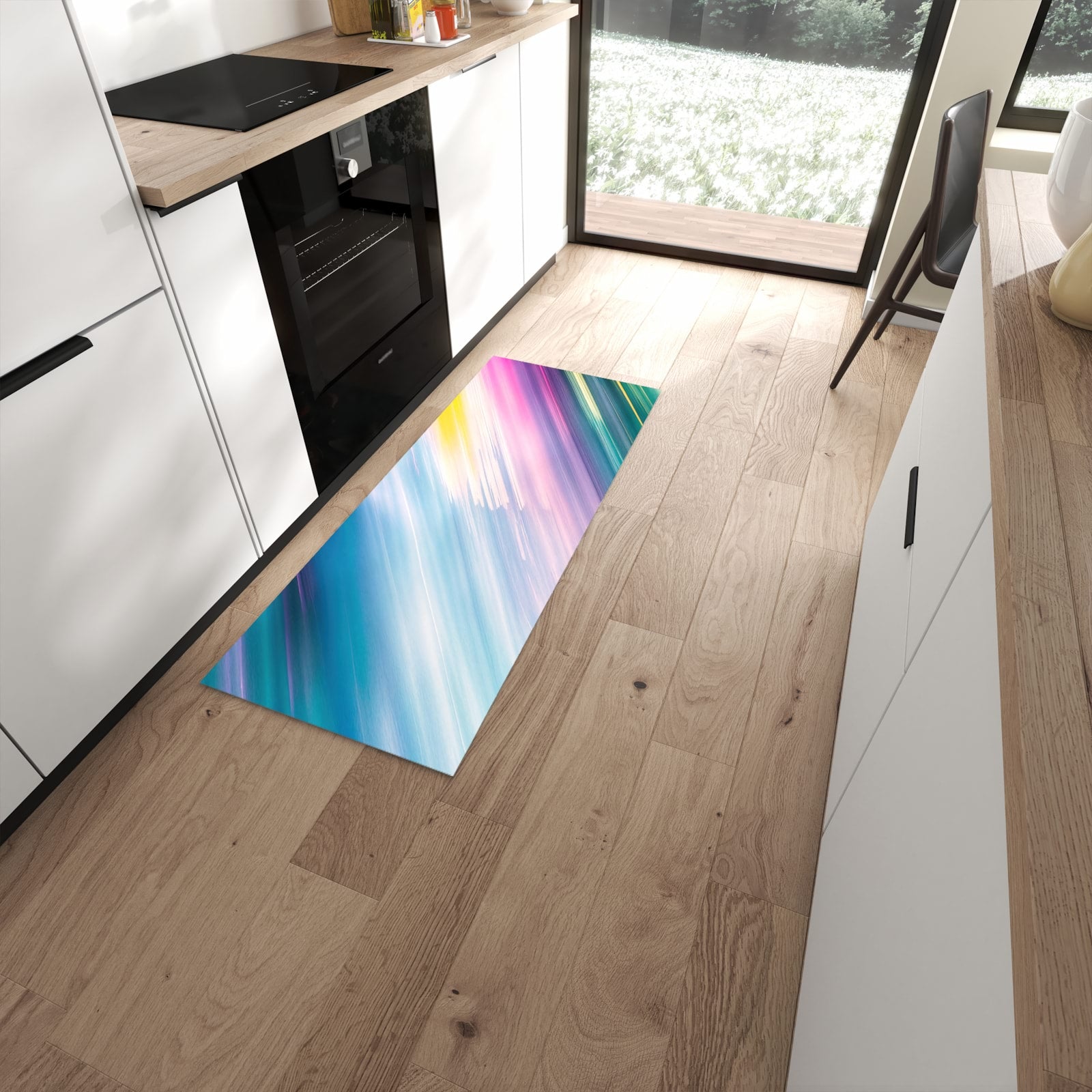 Bodenschonender rutschfester Küchenläufer mit Motiv Farbiges Streifenmuster in moderner Küche #grösse_60 x 150 cm