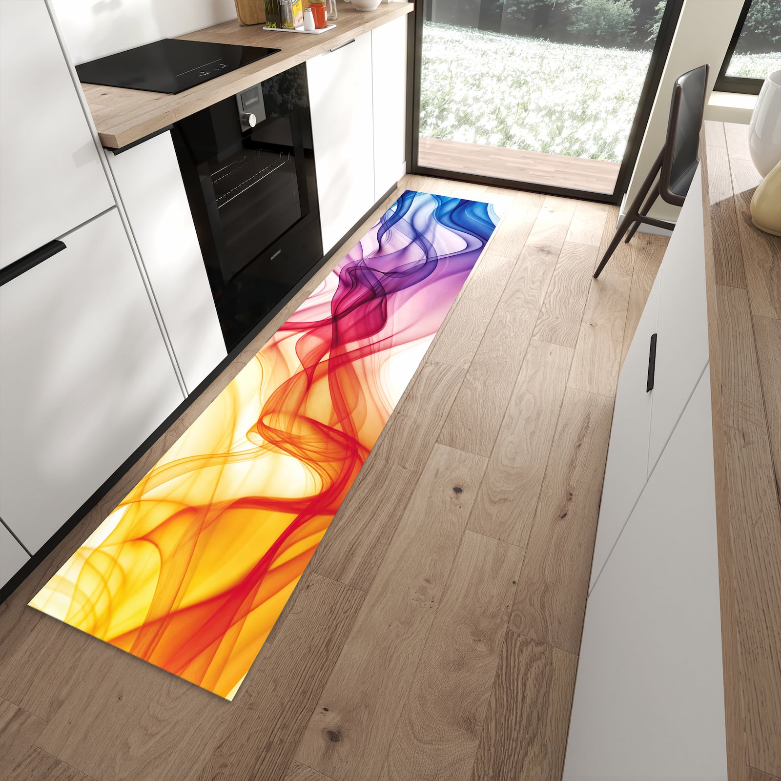 Leicht zu reinigender Küchenteppich mit Motiv Wellen von Farbige in moderner Küche