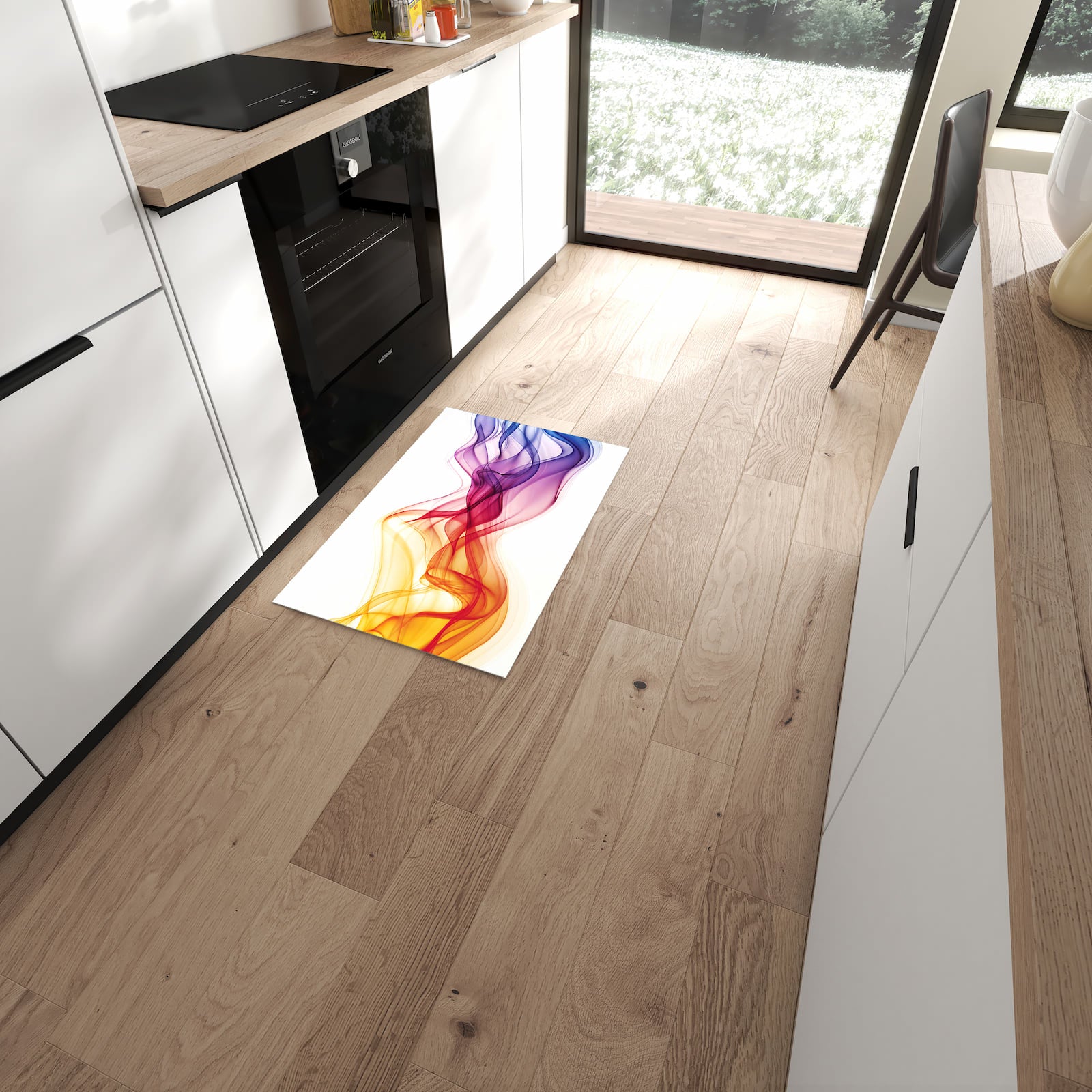 Hygienischer großer Küchenteppich mit Motiv Wellen von Farbige in moderner Küche