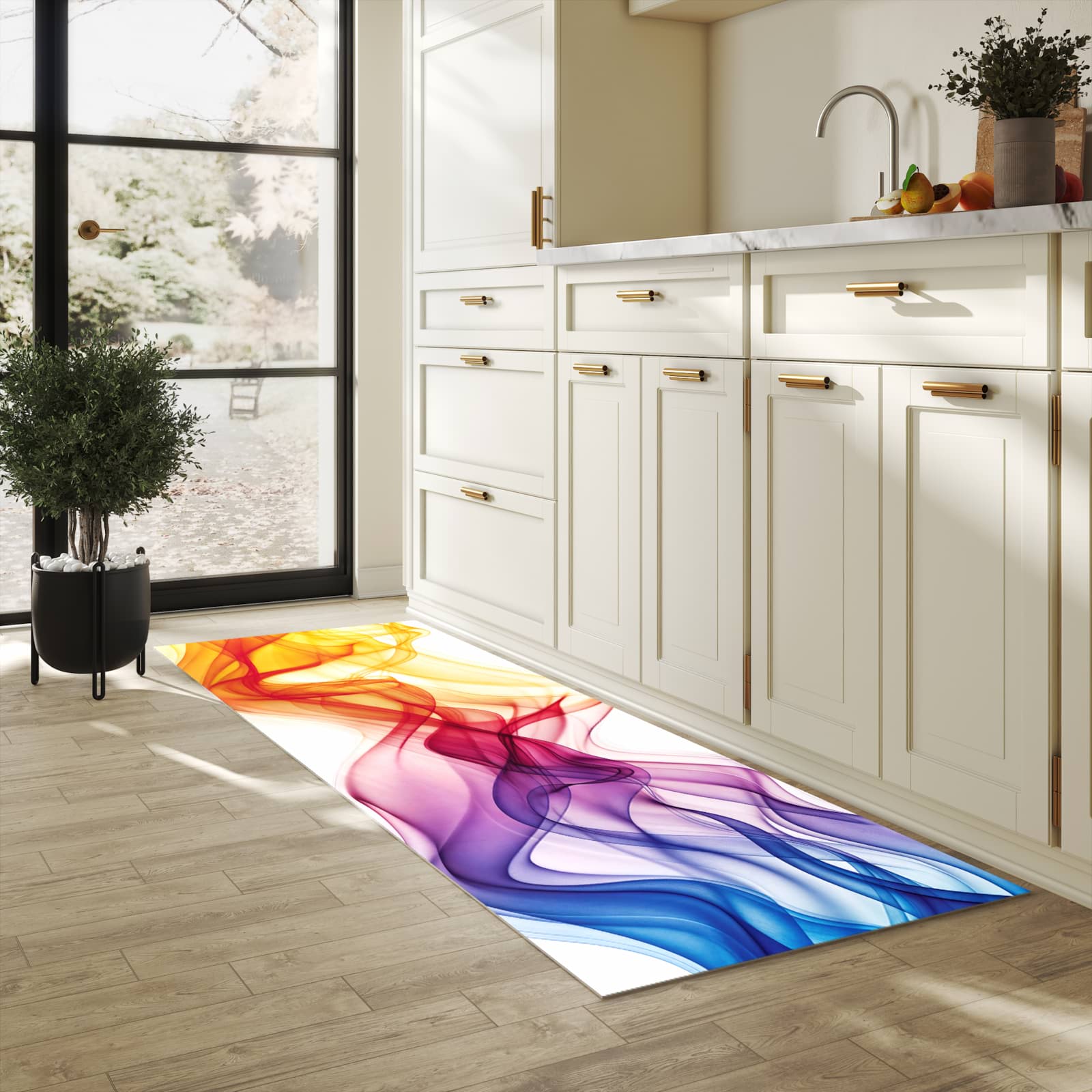 Langlebiger Teppich für die Küche mit Motiv Wellen von Farbige in heller Küche