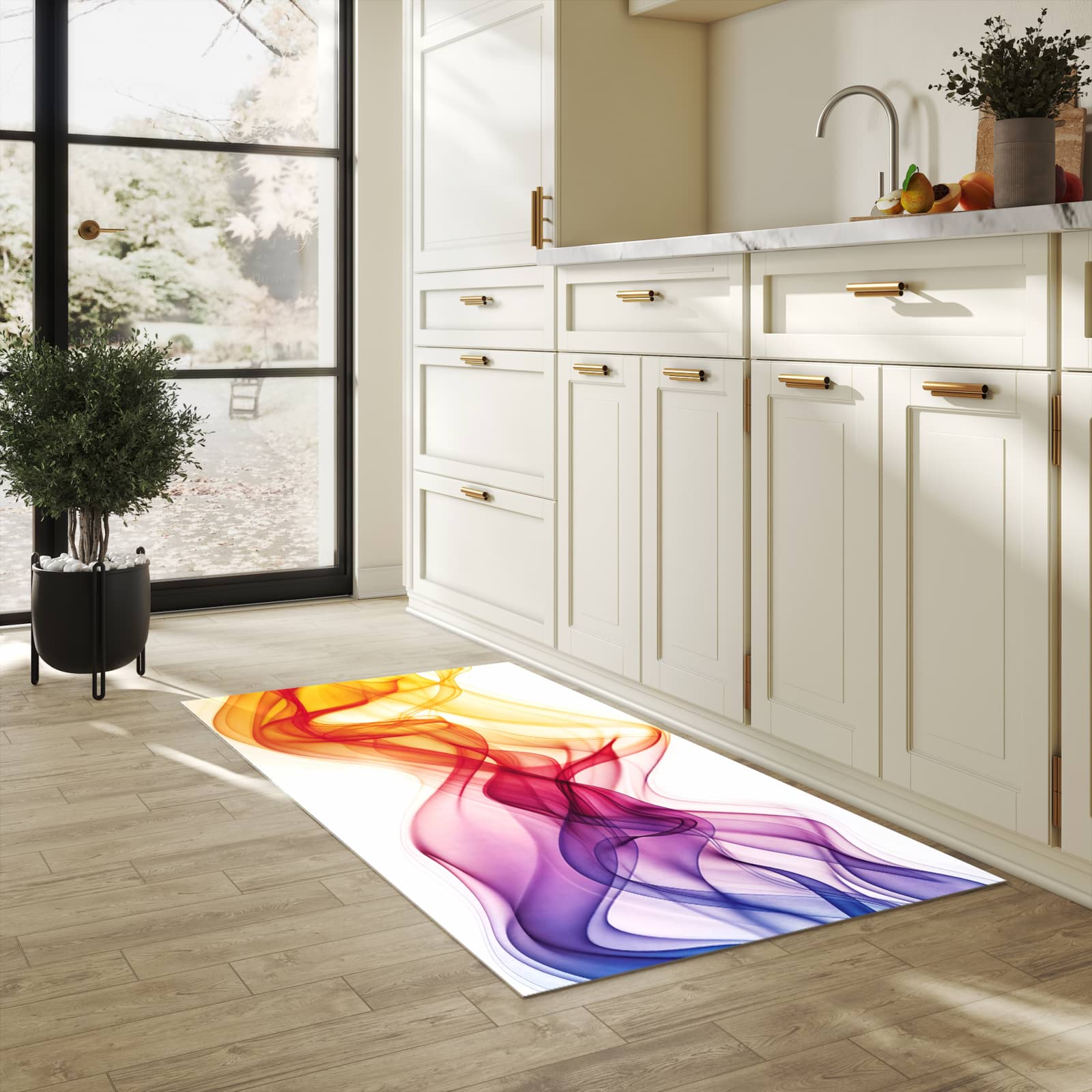 Bodenschonender Küchenteppich mit Motiv Wellen von Farbige in heller Küche