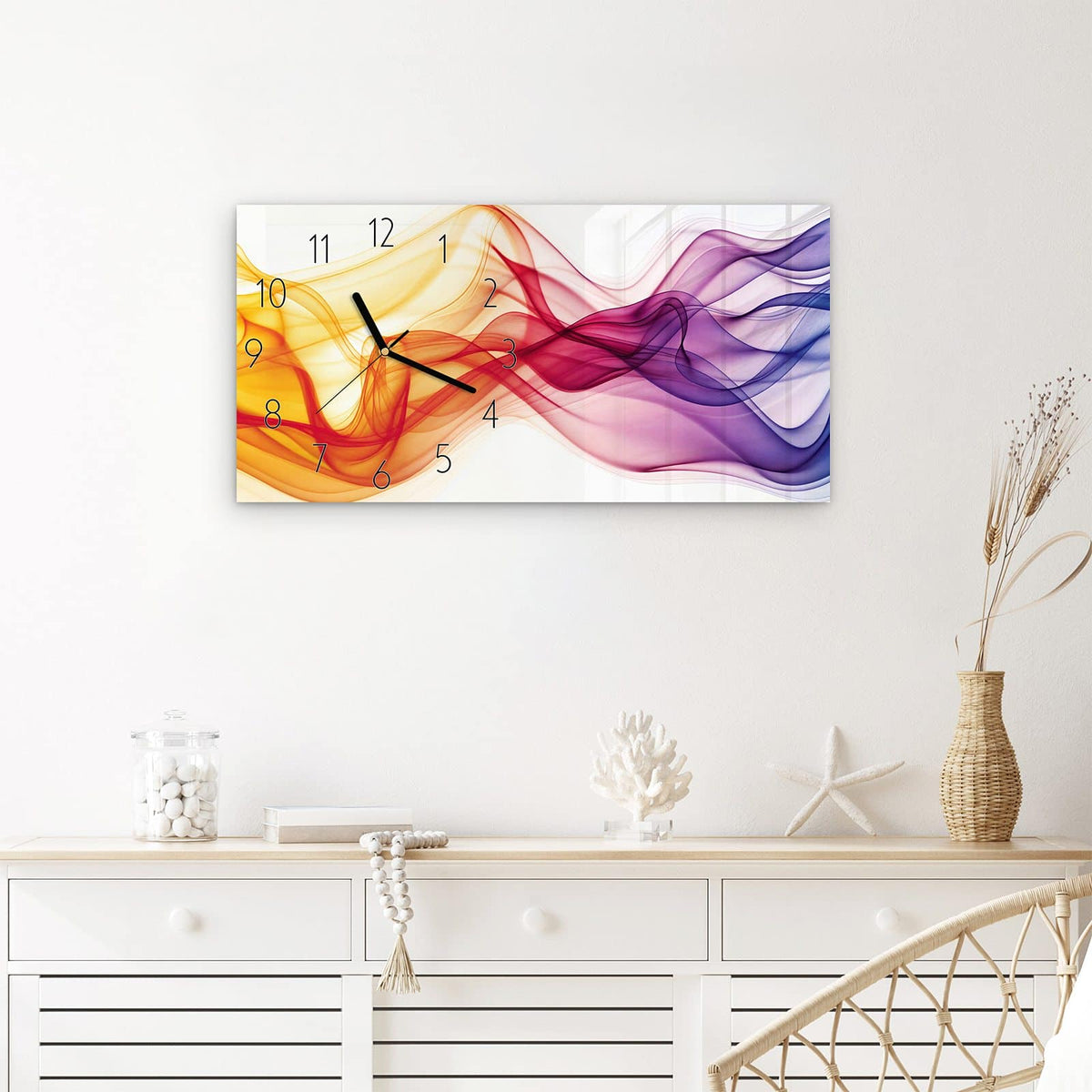 Wanduhr Sanfte Farbwellen aus Glas – Querformat 60 × 30 cm – Halbtransparente Wellen auf Weiß