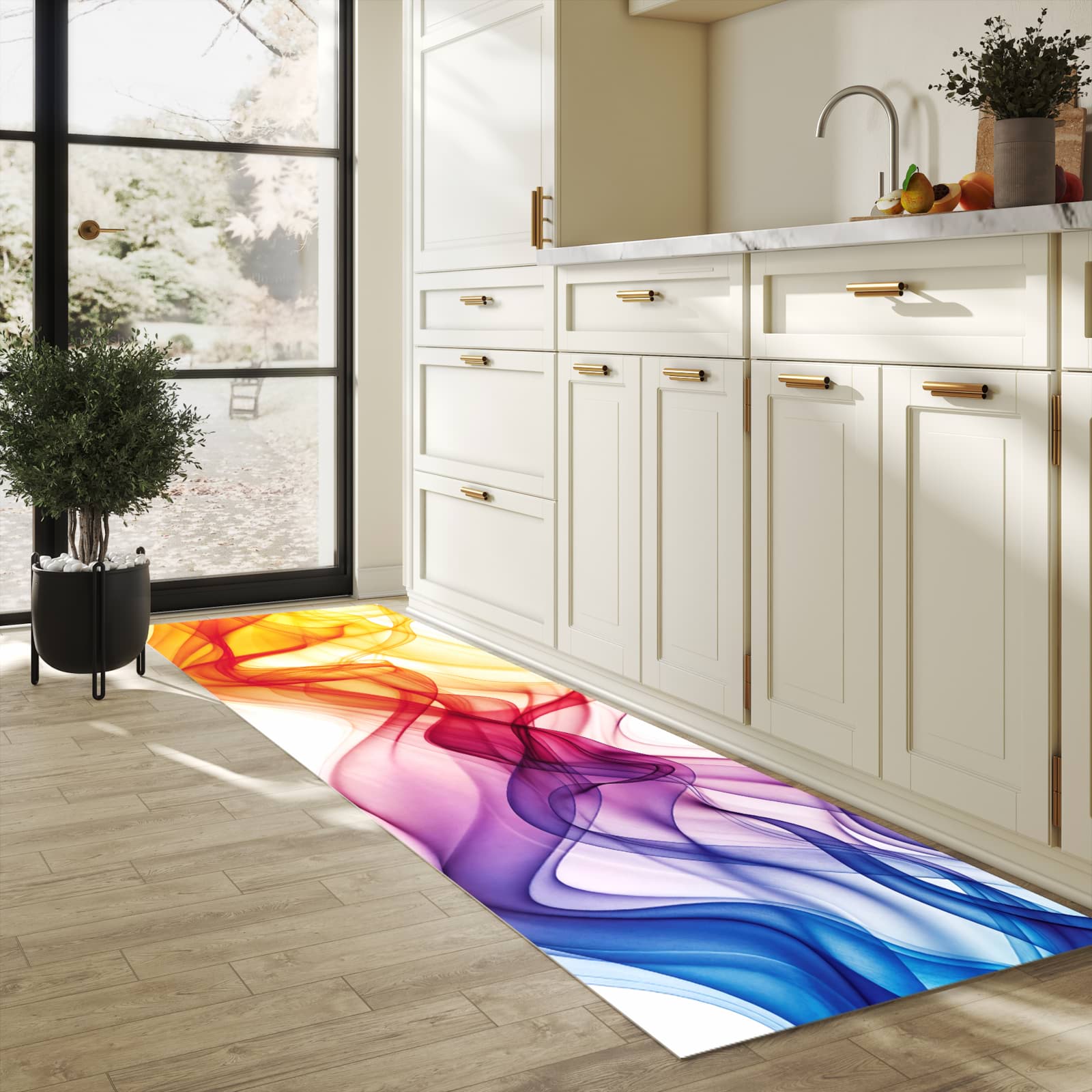 Feuchtigkeitsresistenter Küchenteppich mit Motiv Wellen von Farbige in heller Küche