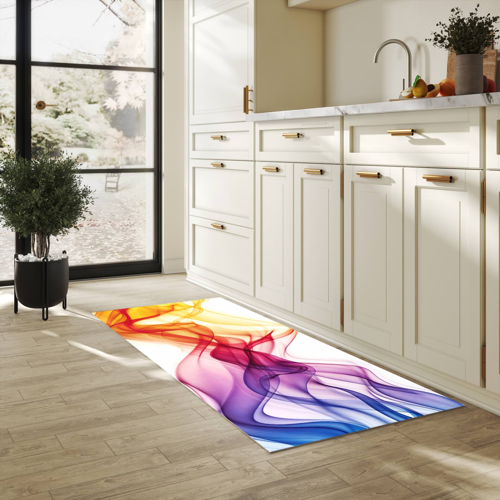 Waschbarer Küchenteppich mit Motiv Wellen von Farbige in heller Küche