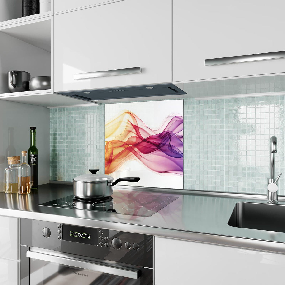 Küchenrückwand Bunte Rauchwellen aus Glas – Halbtransparente Wellen auf Weiß