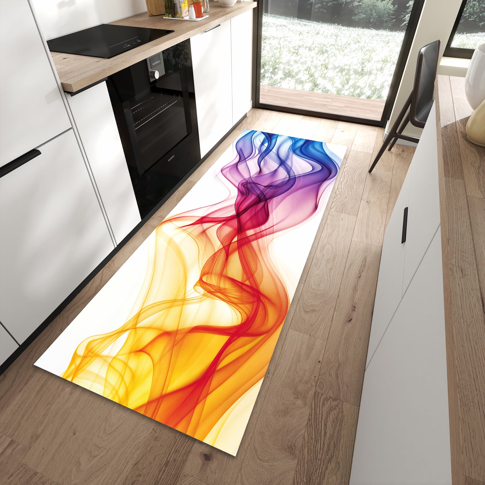 Rutschfester Küchenläufer mit Motiv Wellen von Farbige schützt Böden in moderner Küche