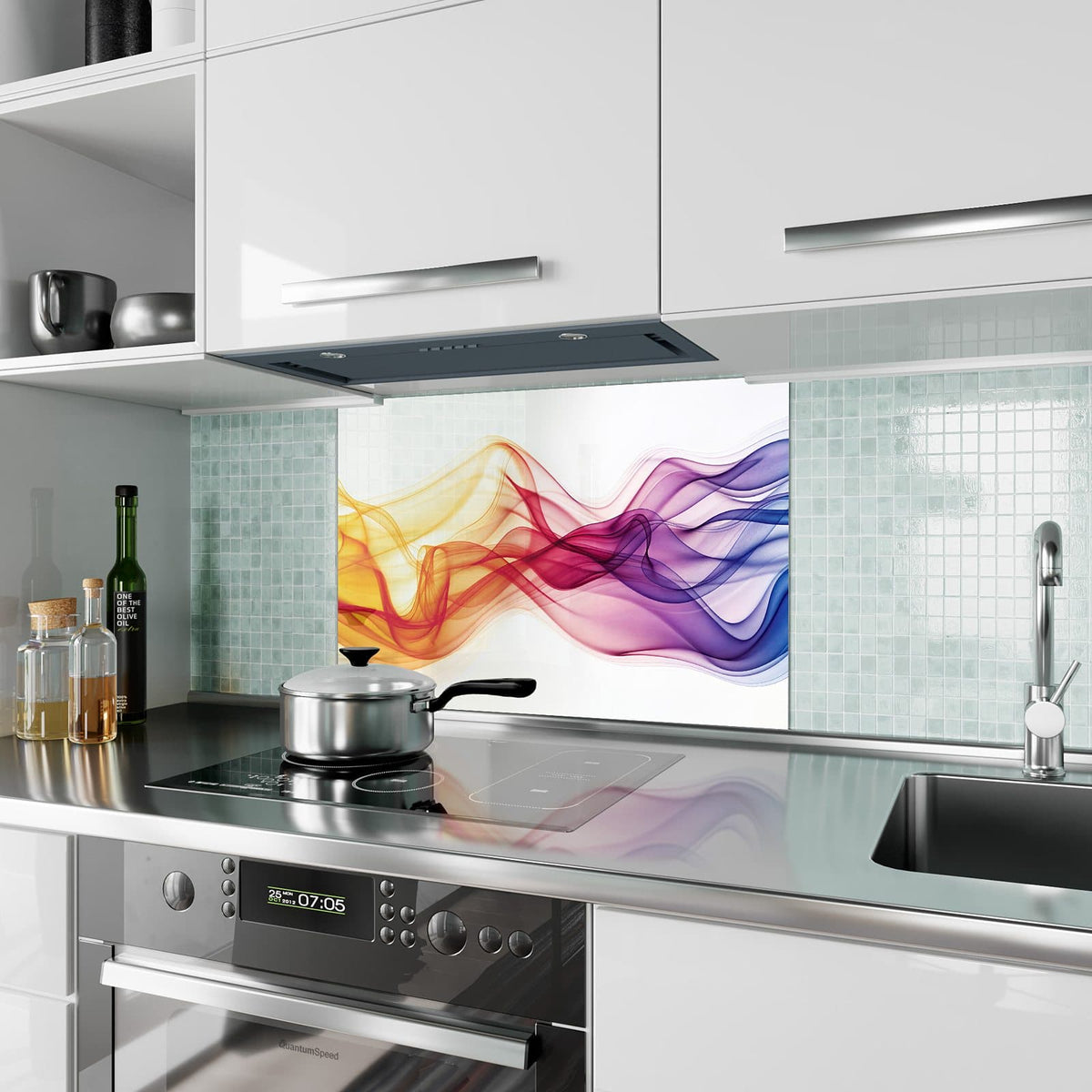 Küchenrückwand aus Glas Bunte Rauchwellen im Hochformat als Spritzschutz hinter dem Kochfeld, über dem Fliesenspiegel montiert