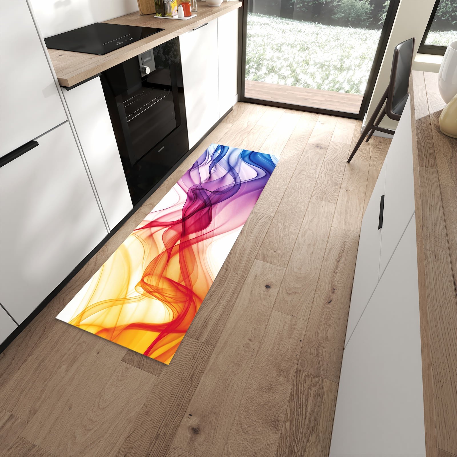 Komfortabler rutschfester Küchenteppich mit Motiv Wellen von Farbige in moderner Küche