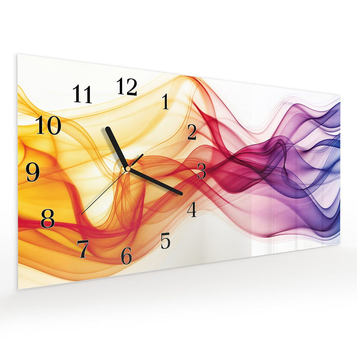 Vormontiert – mit Schwebeeffekt – Wanduhr Sanfte Farbwellen aus Glas – Querformat 60 × 30 cm