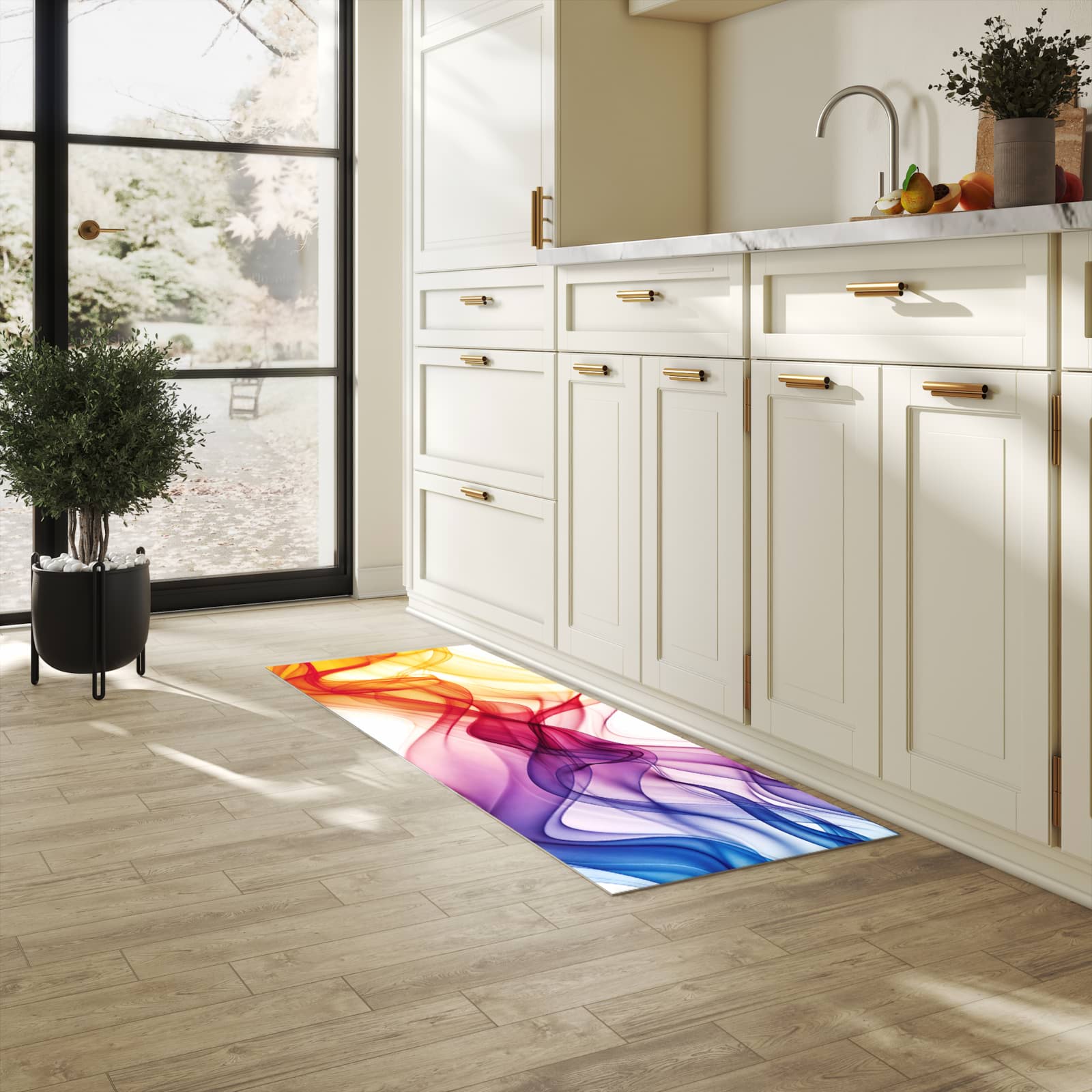 Rutschhemmender Küchenläufer mit Motiv Wellen von Farbige in heller Küche