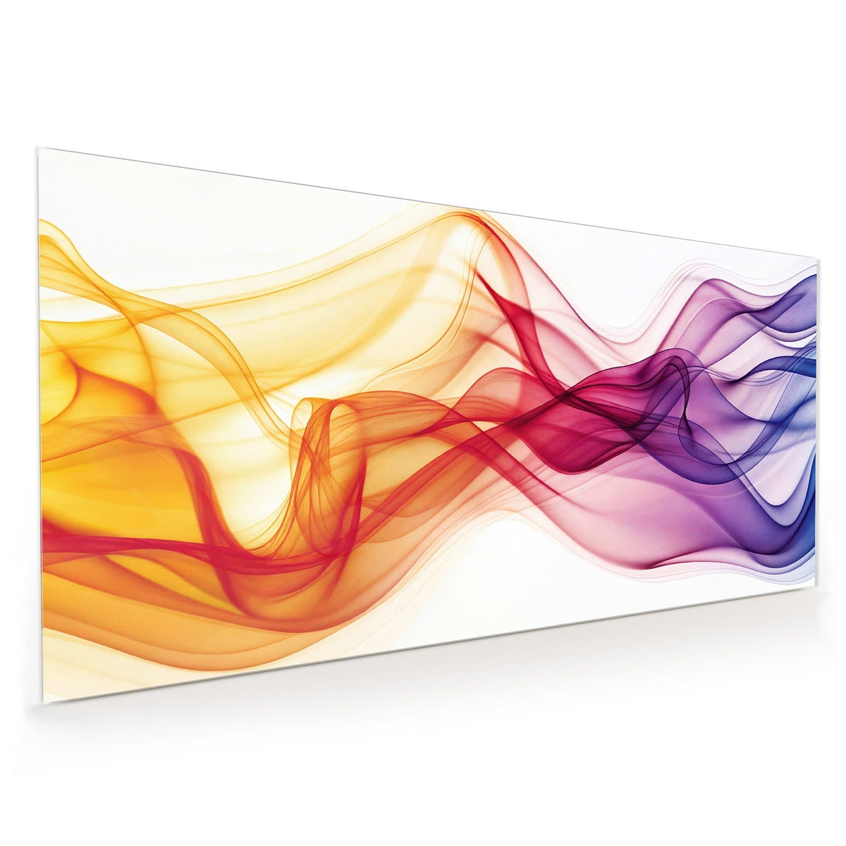 Küchenrückwand aus Glas im Hochformat mit Motiv Bunte Rauchwellen: Durchsichtige Rauchbänder in Gelb, Rot und Violett auf weißem Grund