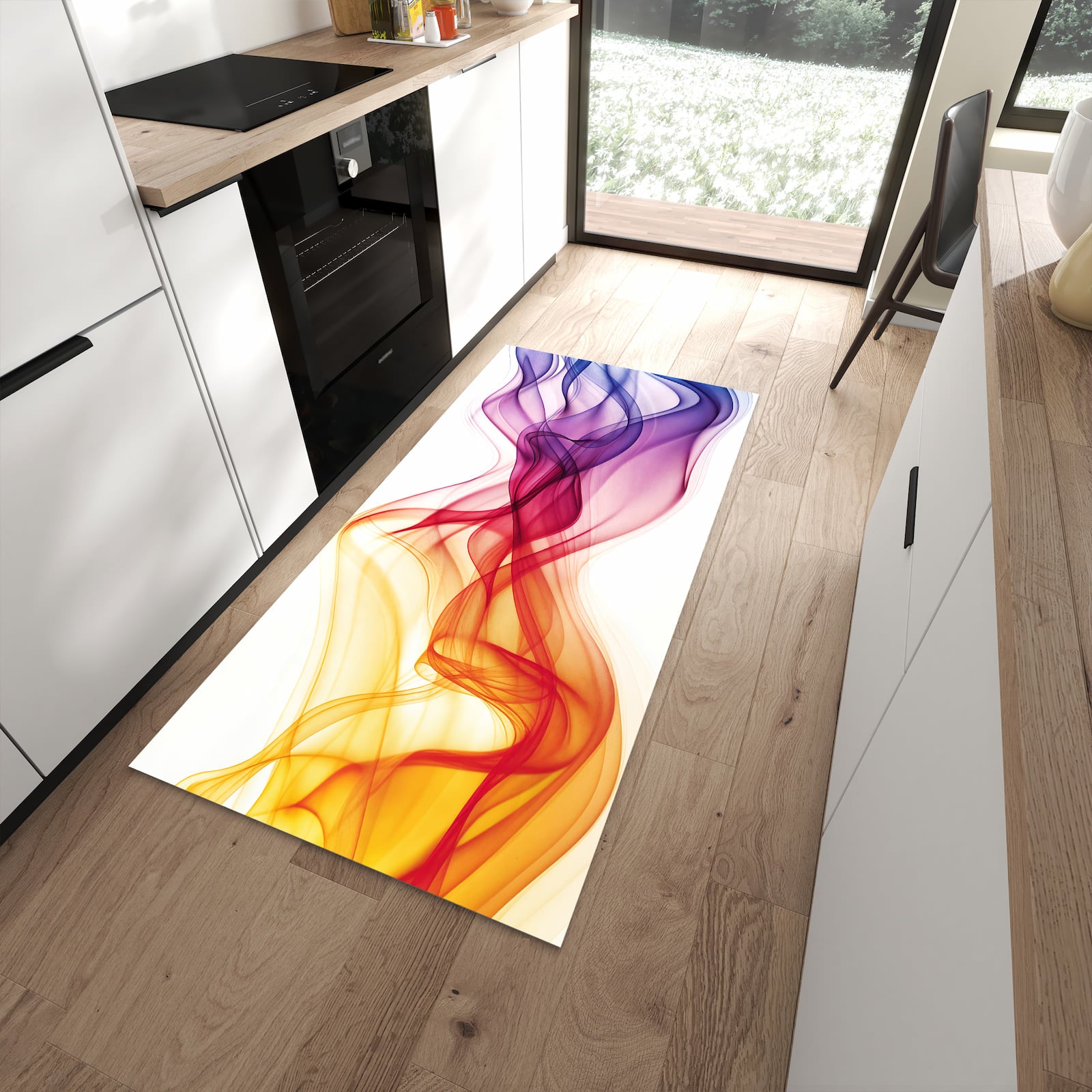 Feuchtigkeitsresistenter Küchenläufer mit Motiv Wellen von Farbige in moderner Küche