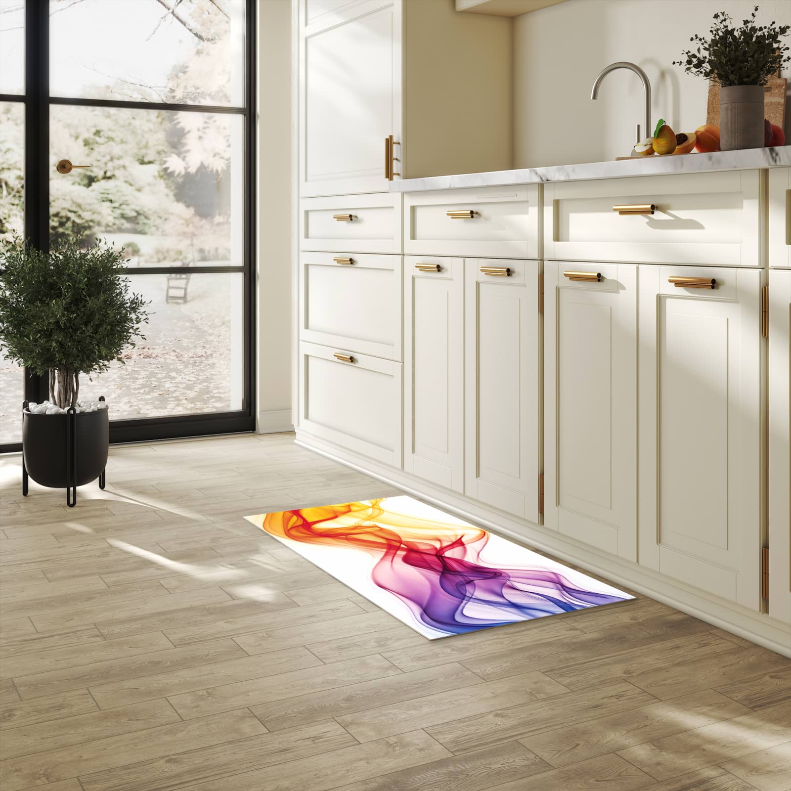 Pflegeleichter waschbarer Küchenläufer mit Motiv Wellen von Farbige in heller Küche