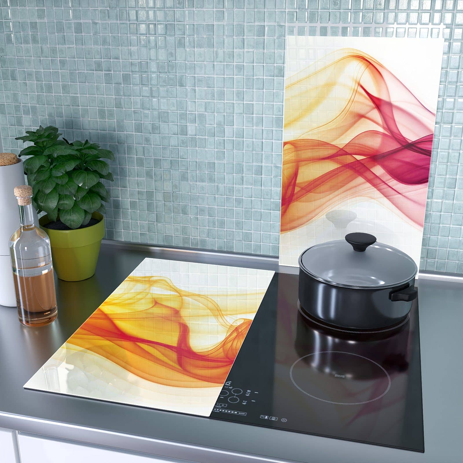 2-teilige Ceranfeld Abdeckplatten mit Sanfte Farbwellen-Motiv als Spritzschutz hinter dem Kochfeld