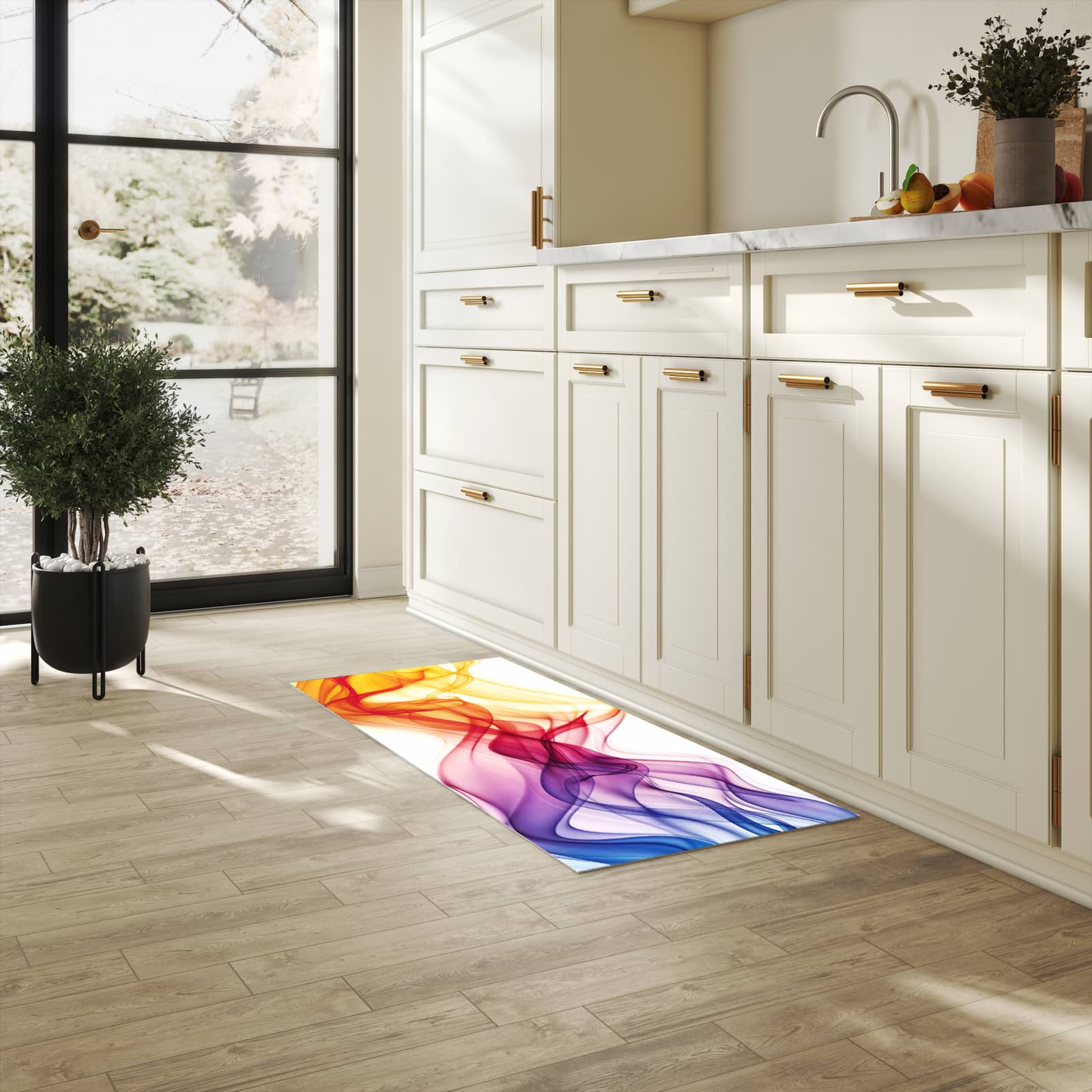 Komfortabler moderner Küchenläufer mit Motiv Wellen von Farbige in heller Küche